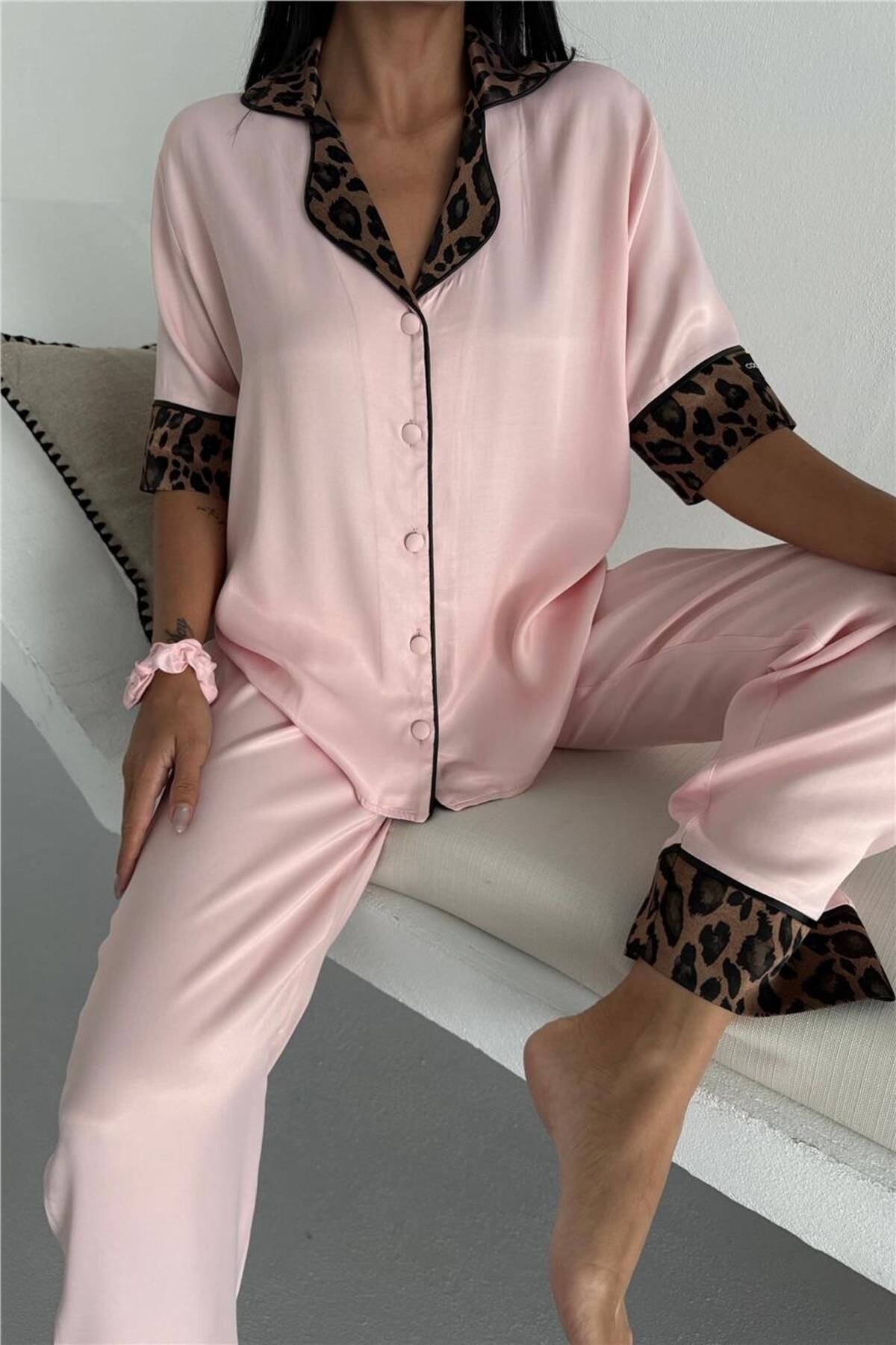 COCCOLARSI Pardo Perfetto Pudra Floş Saten Kısa Kol Pantolon Pijama Takımı