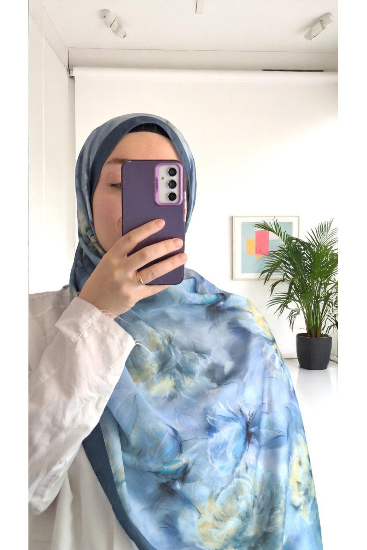 Lavena scarfs Bahar Serisi Çiçekli Desen Pamuklu Dijital Soft Şal - Indigo