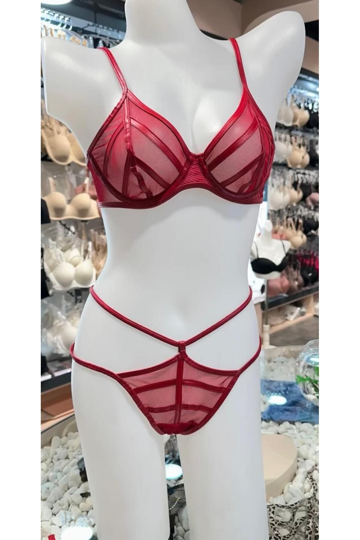 Gamze Day's Lingerie Kırmızı Deri Tül Sütyen Tanga Takım - Kapsız -