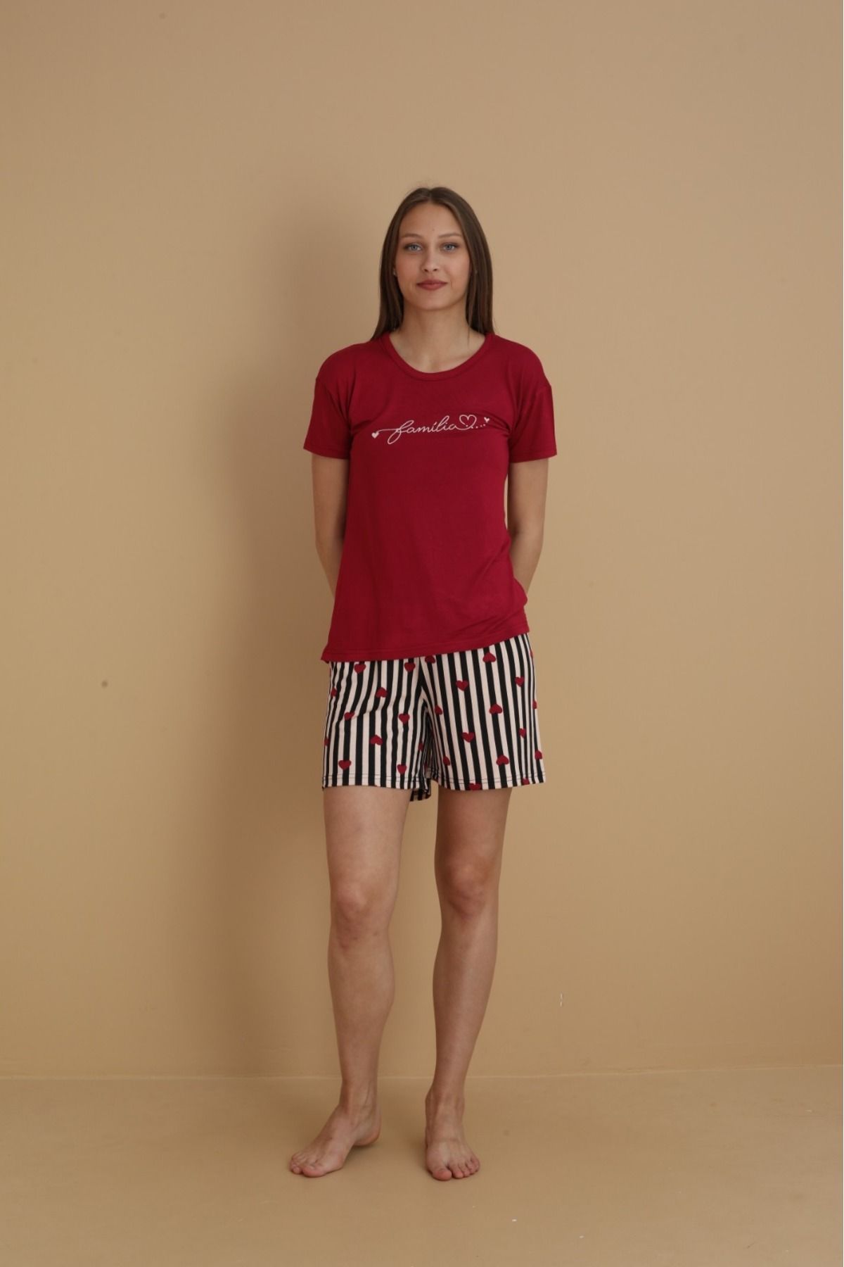 PİJART Bordo kalpli likralı penye süprem şortlu pijama takımı