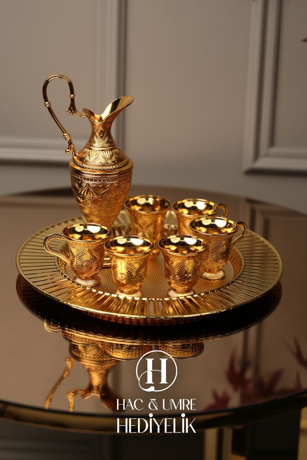 Hac Umre Hediyelik Zemzem Takımı | Zemzem Fincan Seti | Gold Zemzem Sunum Tepsisi, İbrik ve Bardak Set