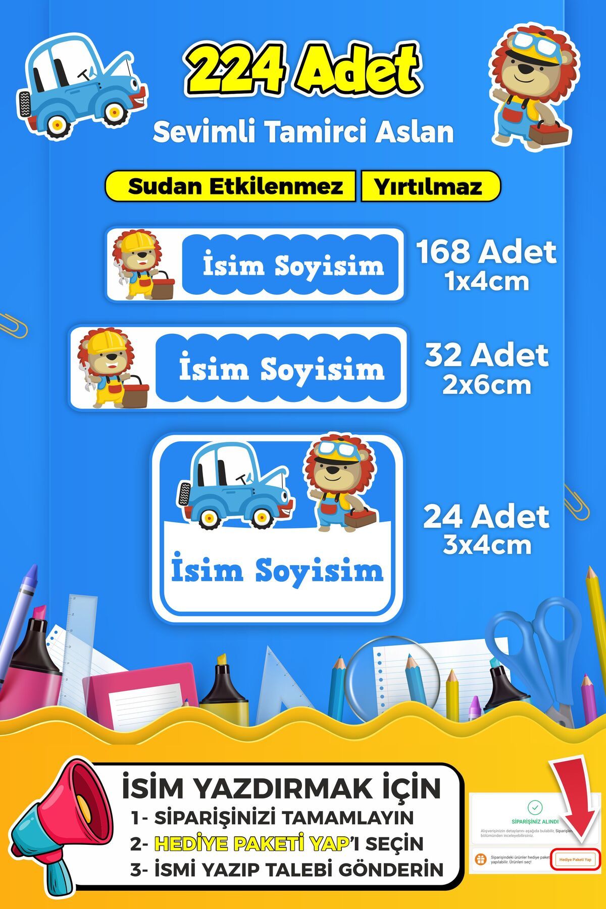 SB store Tamirci Aslan Temalı Okul Kreş Kişiye Özel İsim Etiket Seti - Model 266