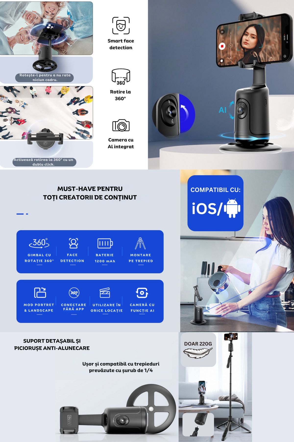 clickzu-Trepied cu detectare și urmărire automată a feței, rotație la 360°, fără aplicație 5
