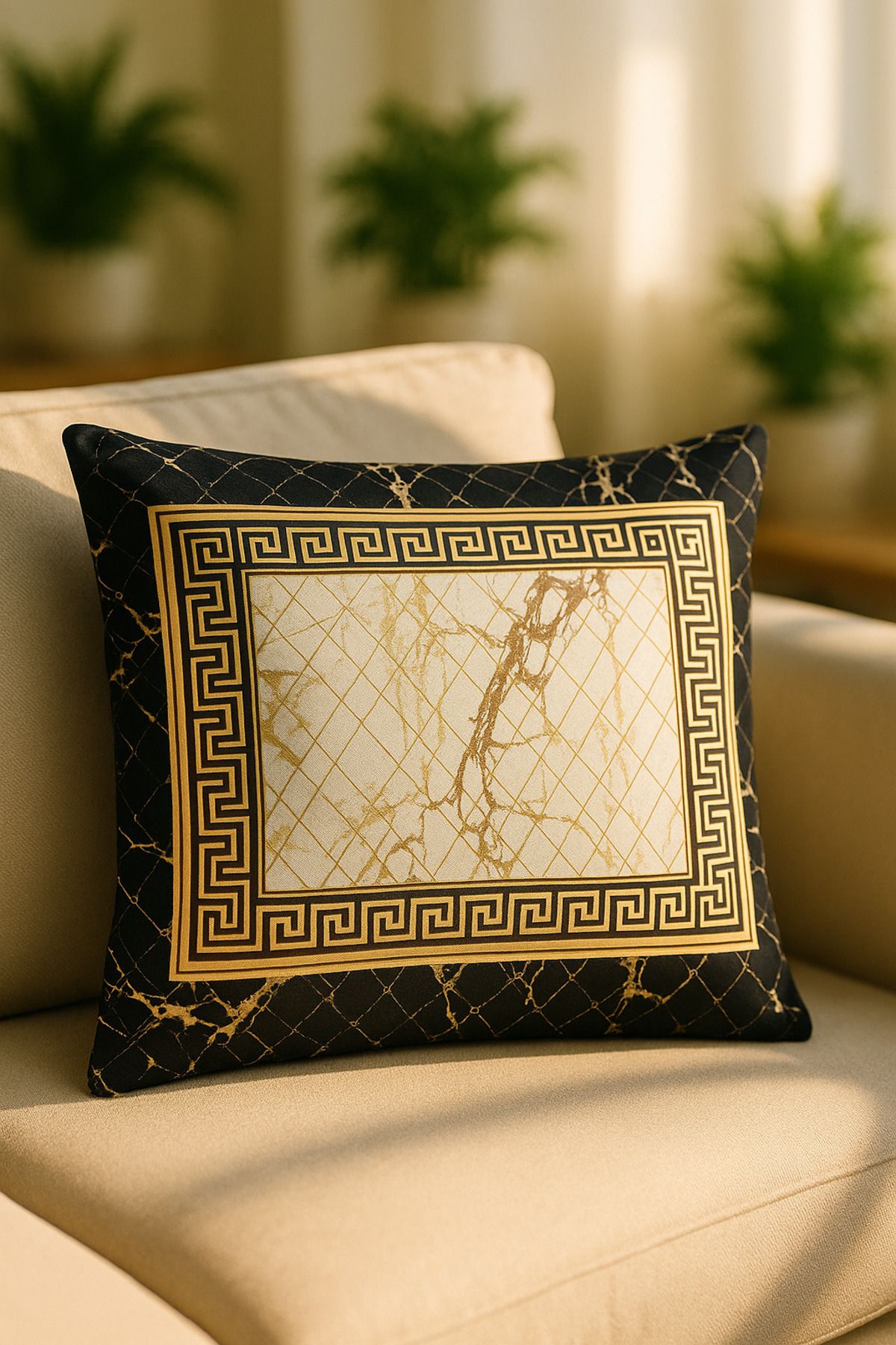 HİG HOME Nero Gold Kırlent Kılıfı – Mermer Efektli Lüks Tasarım
