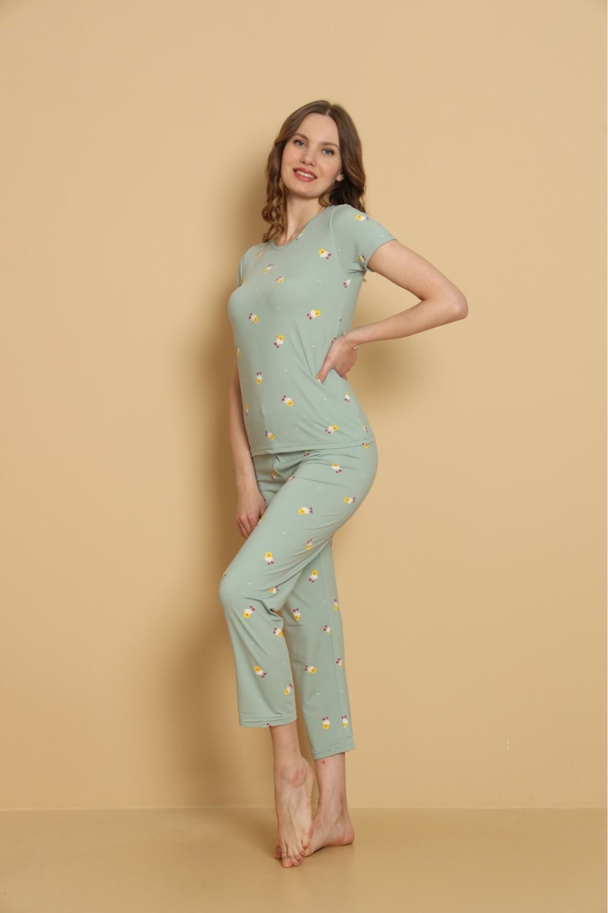 PİJART yeşil popcorn desenli milan kumaş pijama takımı