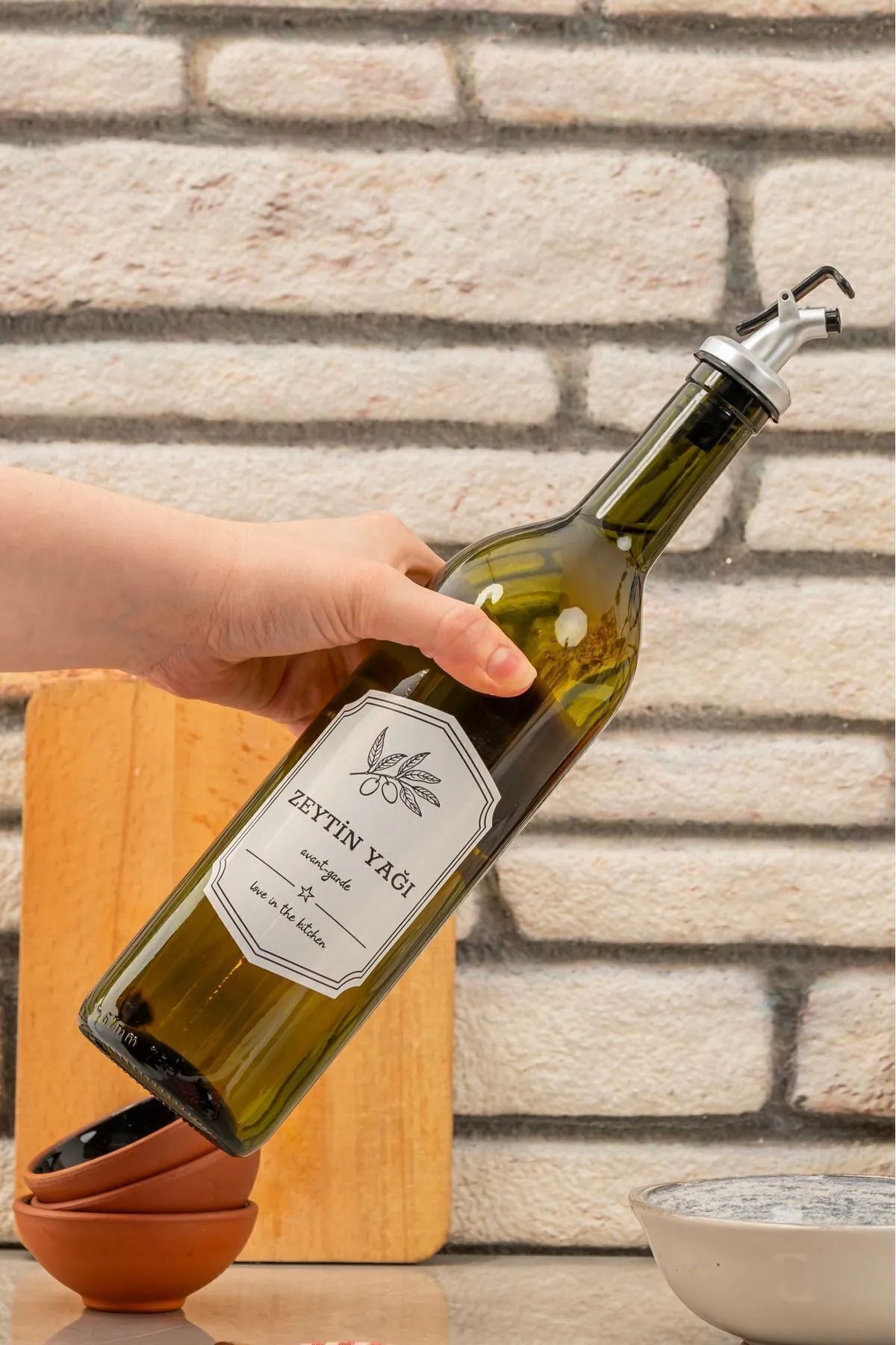 Hanedanev 2 Adet Cam Yağlık Cam Ayçiçek Yağı Zeytin Yağı Etiketli Amber Yağdanlık 750 ML