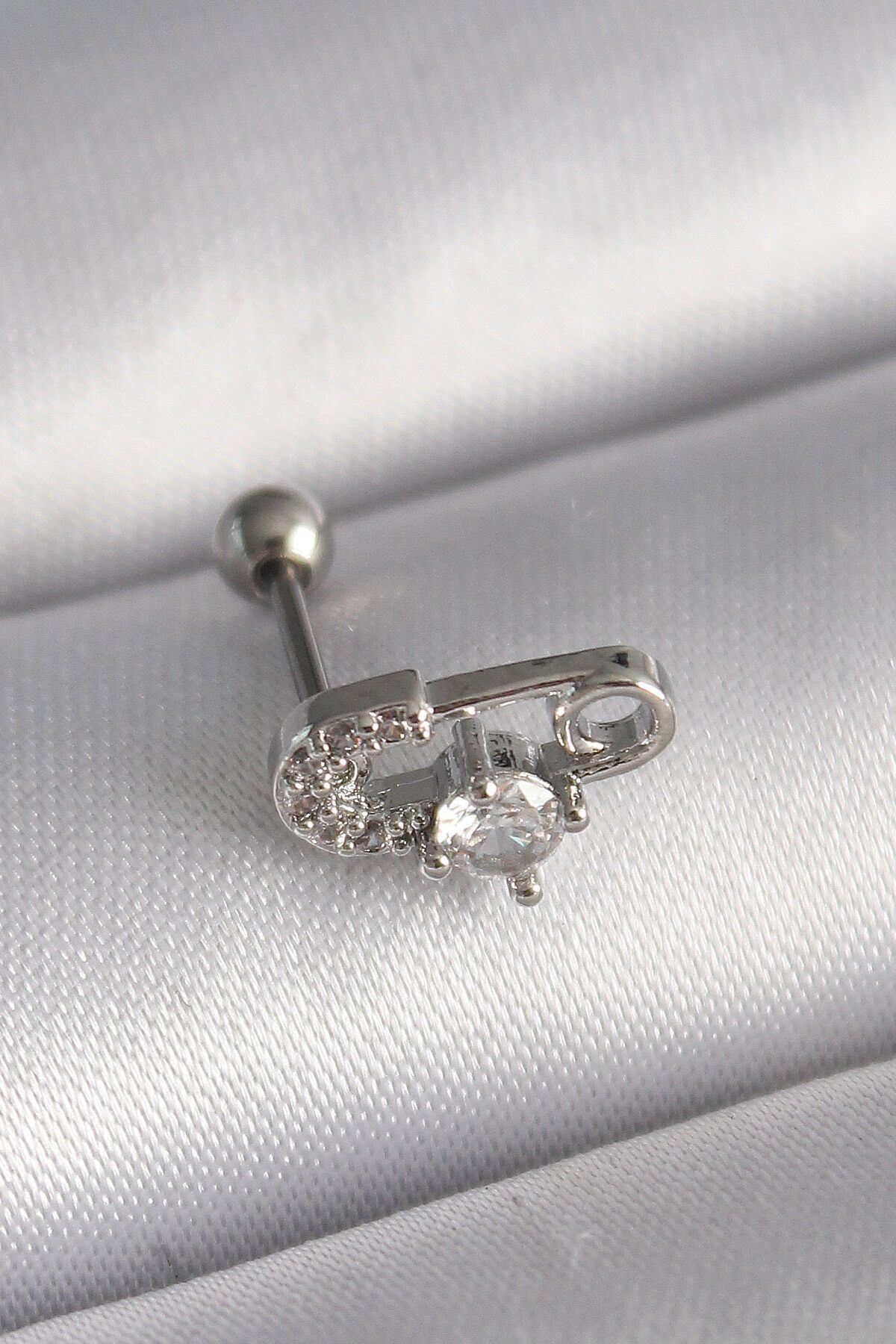 merland benvecocuk 316L Çelik Gümüş Renk Zirkon Taşlı Toplu İğne Tragus Piercing - Lisinya