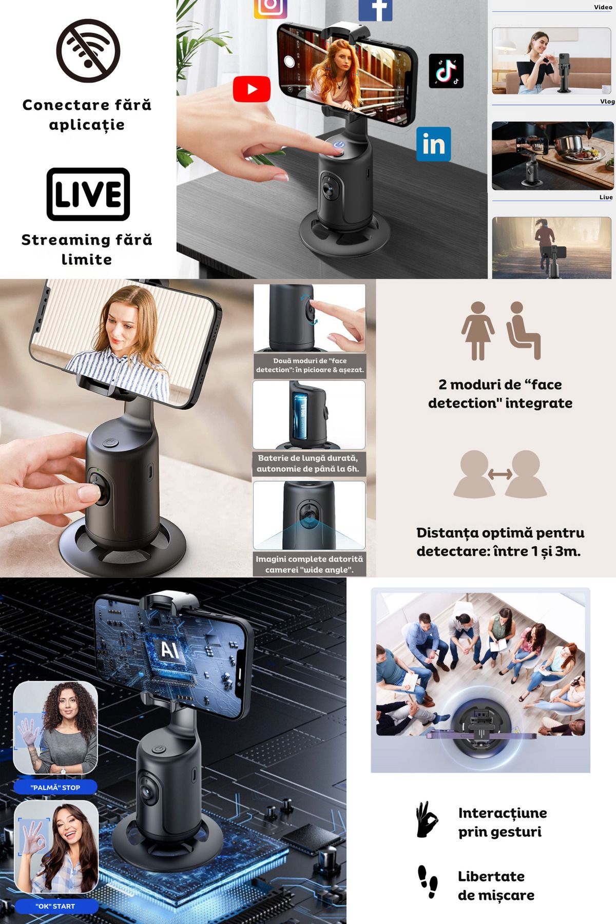 clickzu-Trepied cu detectare și urmărire automată a feței, rotație la 360°, fără aplicație 6