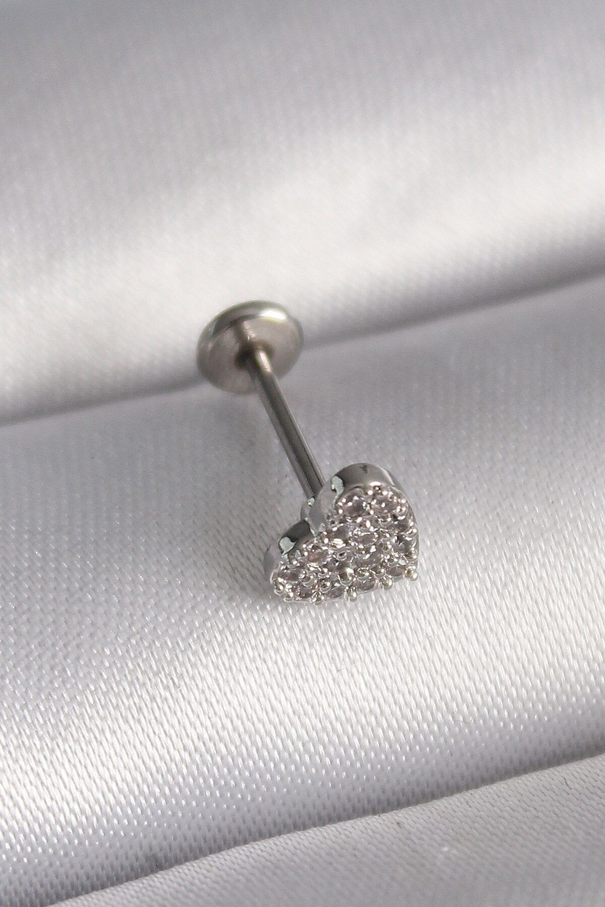 merland benvecocuk 316L Çelik Gümüş Renk Zirkon Taşlı Kalp Model Tragus Piercing - Lisinya
