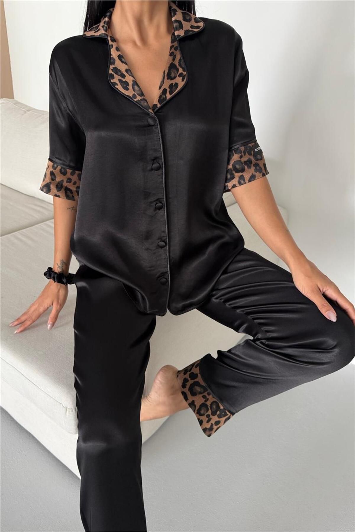 COCCOLARSI Pardo Perfetto Siyah Floş Saten Kısa Kol Pantolon Pijama Takımı