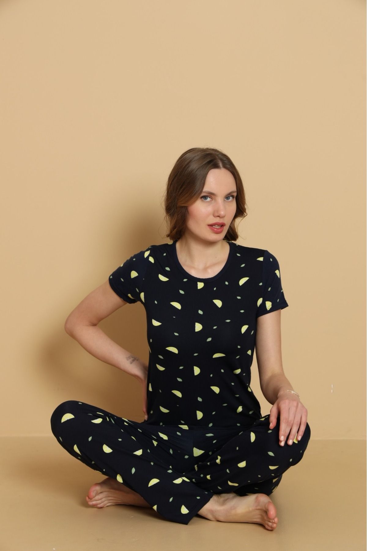PİJART-Lemon Pattern Milan Fabric Pajama Set with Soft Texture 2