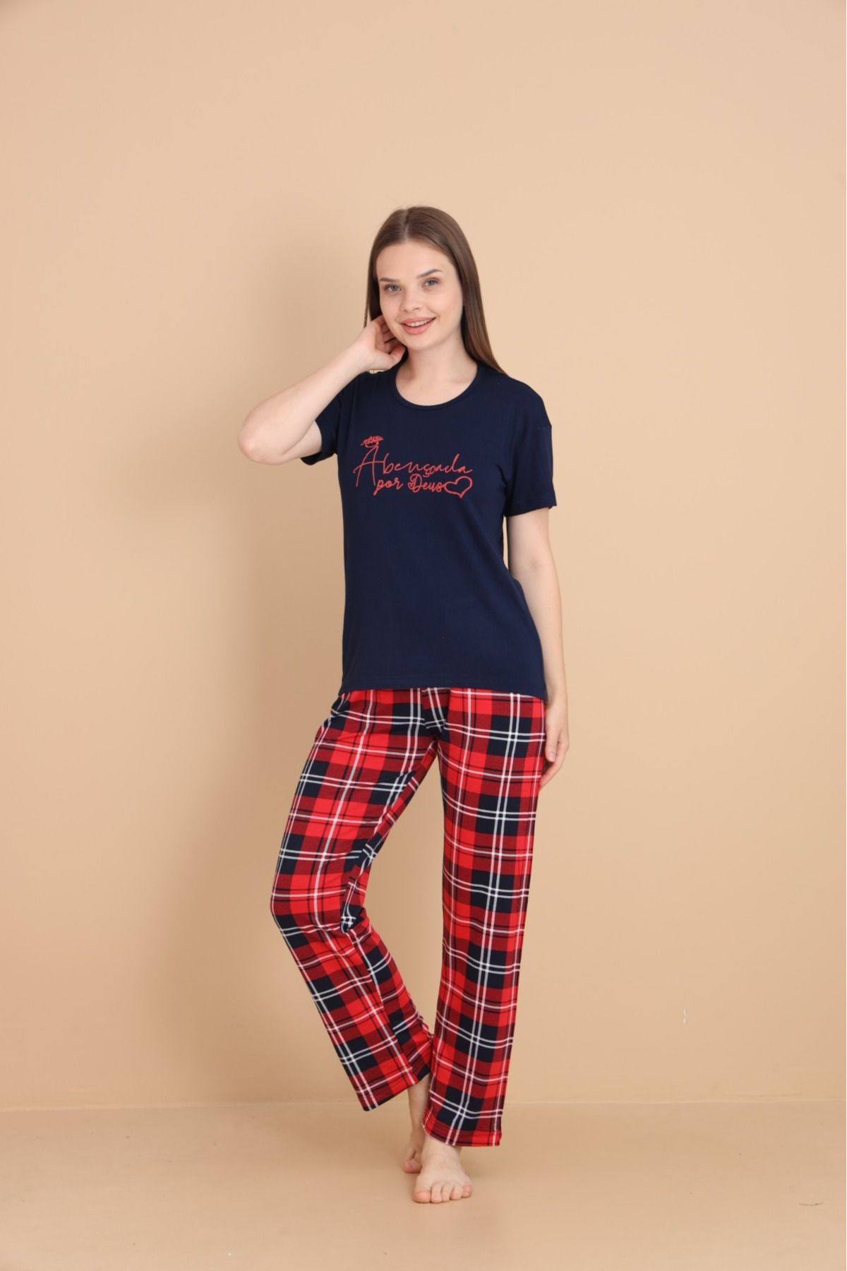 PİJART Kırmızı Ekose desenli likralı viskon pijama takımı