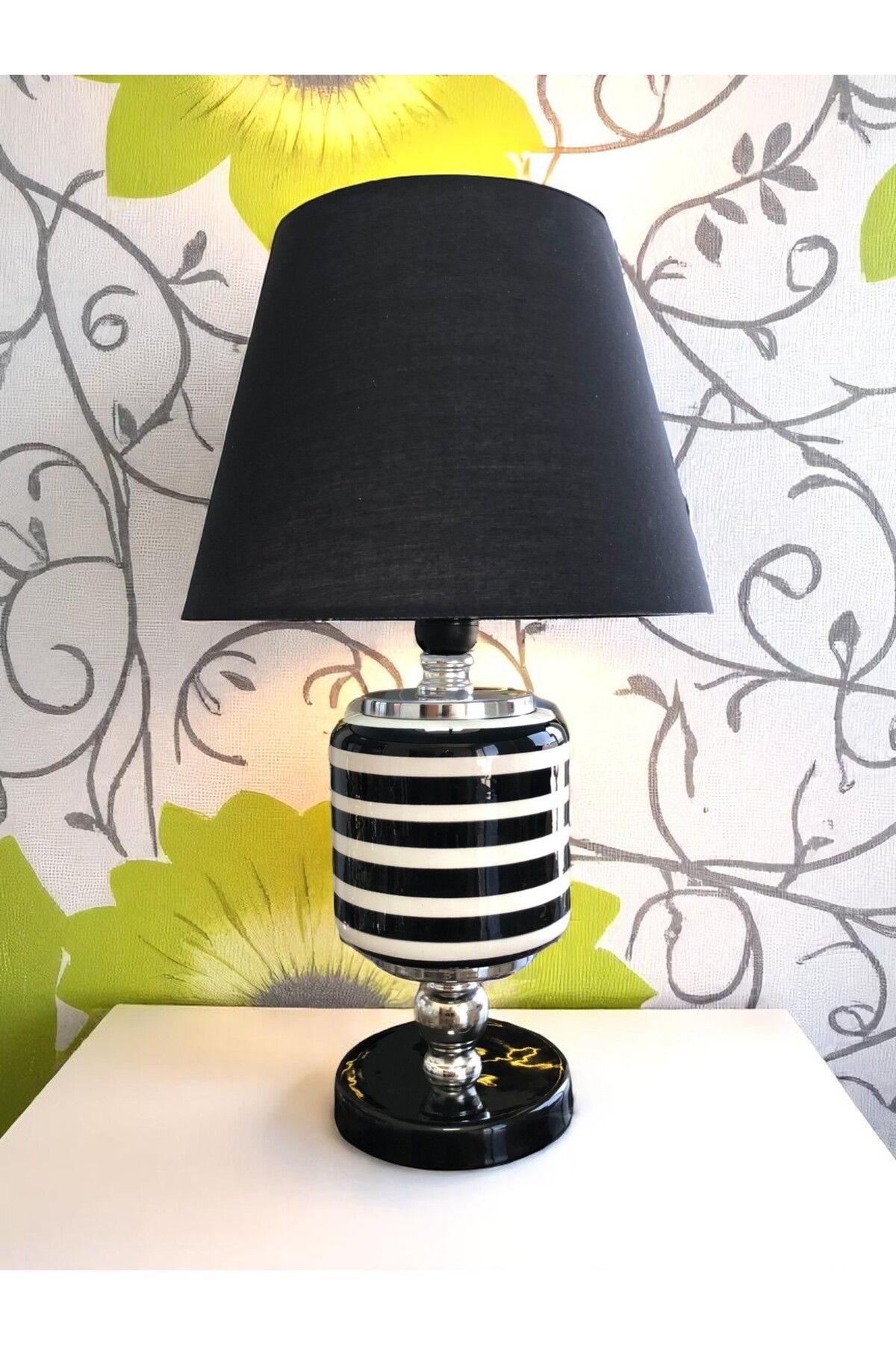 ferayhome Abajur Aydınlatma Seramik Oval Siyah Klasik Zebra Siyah Şapka GÜMÜŞ - Feray Home