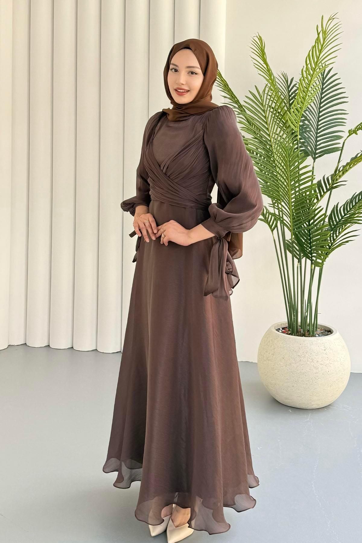 Modaensarbutik Mira Önden Bağlamalı Jan Jan Tesettür Abiye-KAHVERENGİ