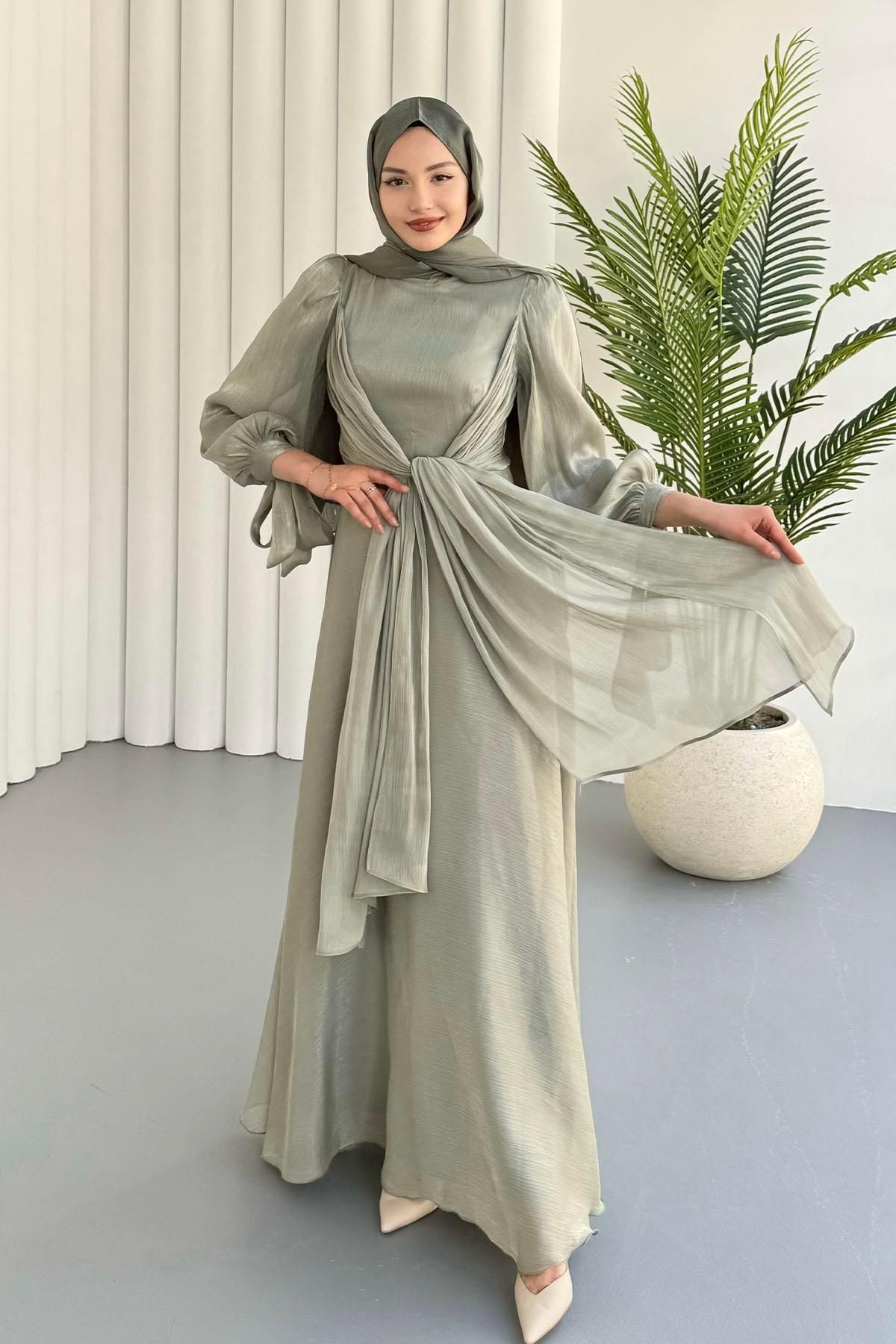 Modaensarbutik Mira Önden Bağlamalı Jan Jan Tesettür Abiye-MİNT YEŞİLİ