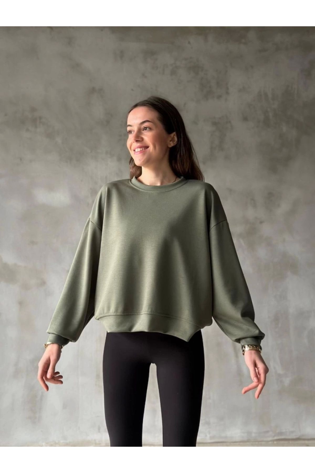 POLEXP Yumuşak Dokulu Bisiklet Yaka Oversize Sweatshirt - Haki