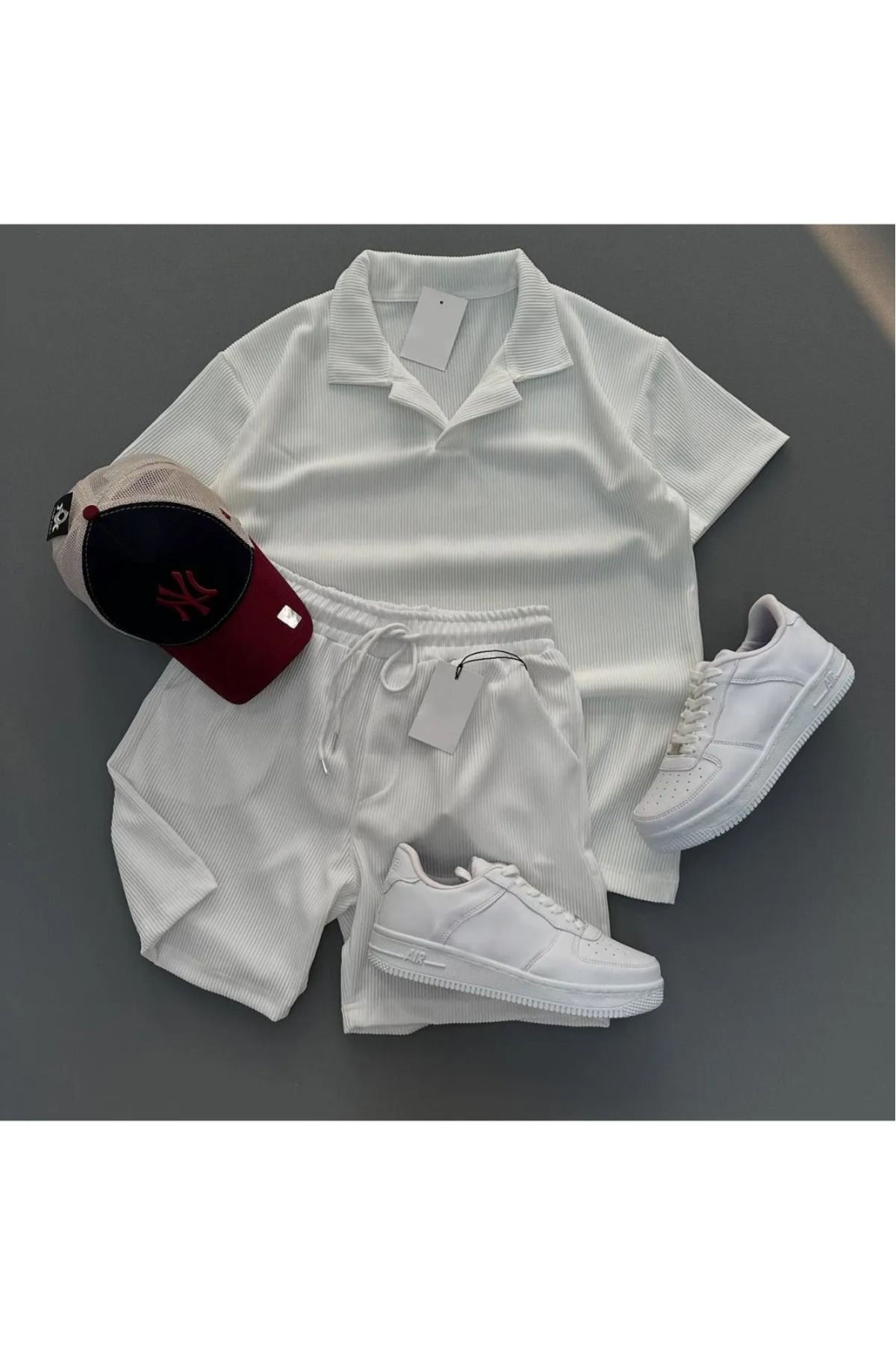 PAVRO Unisex T-Shirt ve Şort Takım Fitilli Ottoman Kumaş Polo Yaka PAVRO
