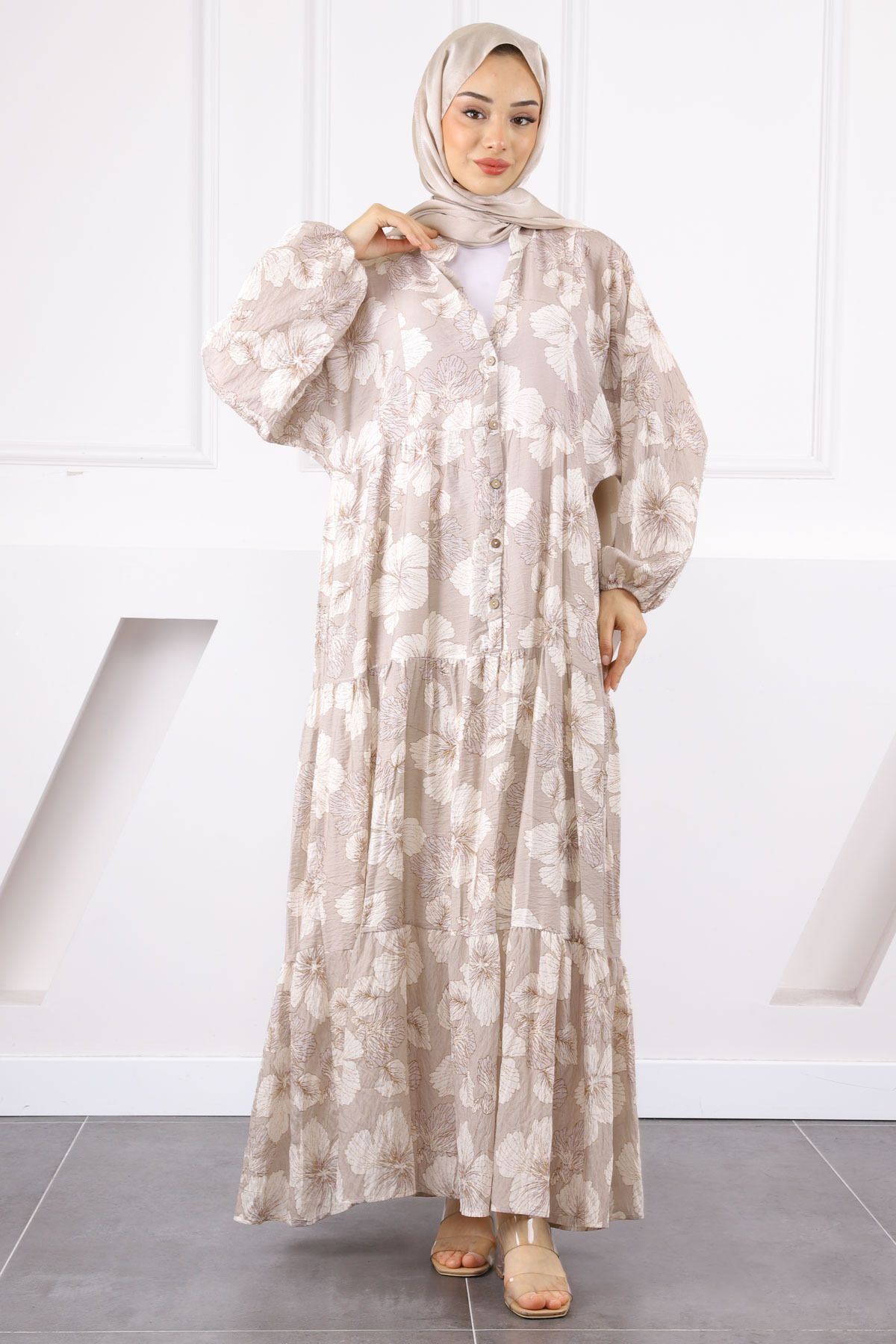 İmajButik Vizon Yarım Düğmeli Eteği Katlı Elbise
