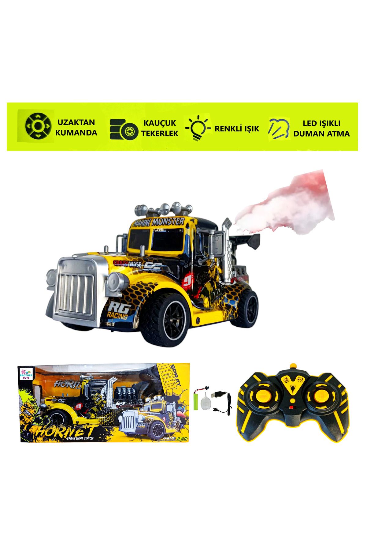 Brother Toys Duman Atan Uzaktan Kumandalı Şarjlı Full Fonksiyon Canavar Tır Renkli Buhar Püskürten 26 Cm.