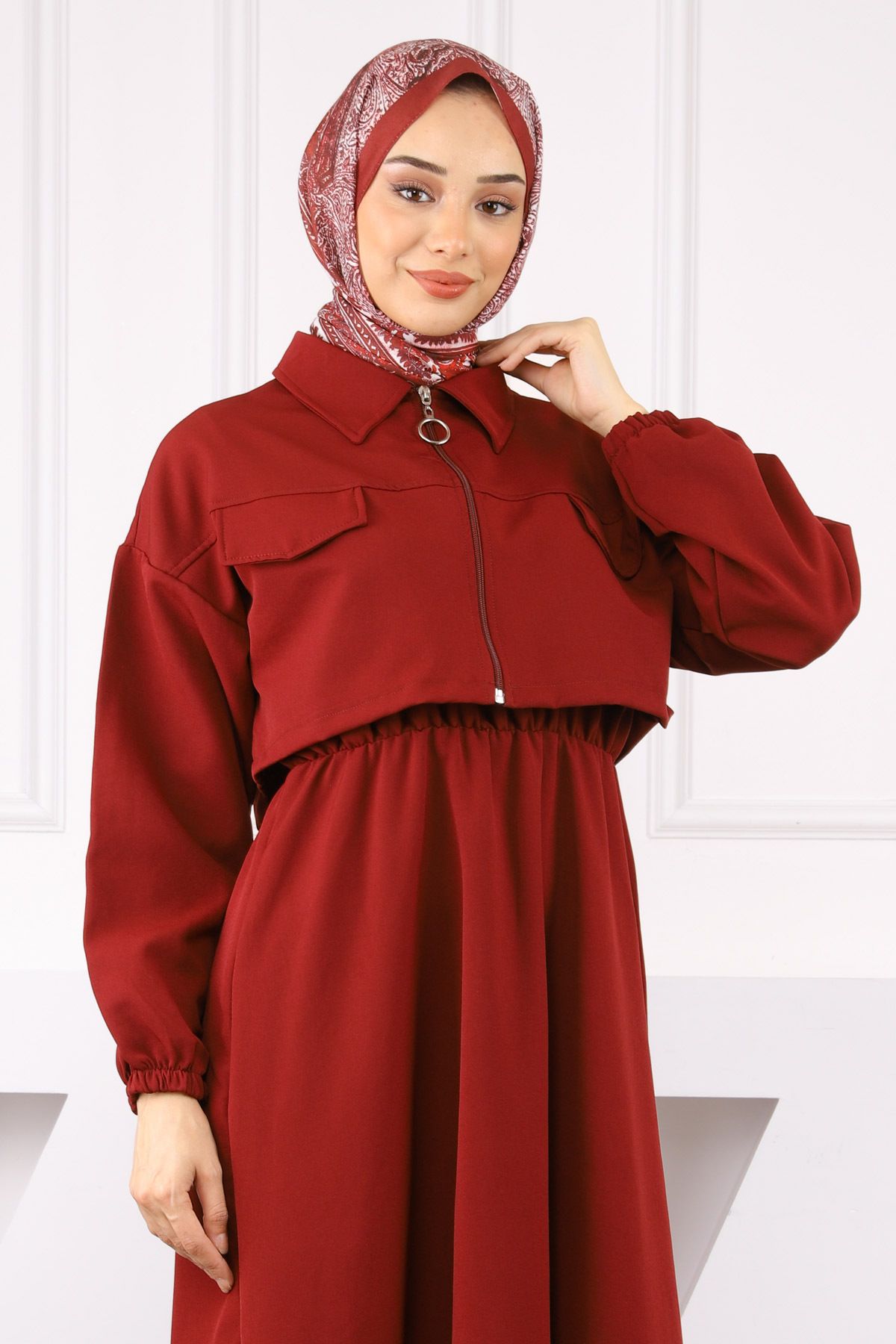 İmajButik-Φόρεμα με μπορντό μπουφάν με ελαστική μέση 4