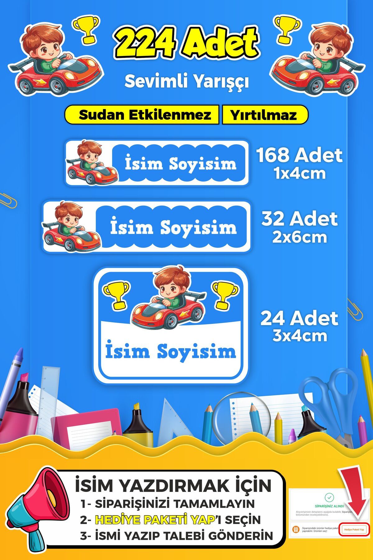 SB store Sevimli Yarışçı Temalı Okul Kreş Kişiye Özel İsim Etiket Seti - Model 279