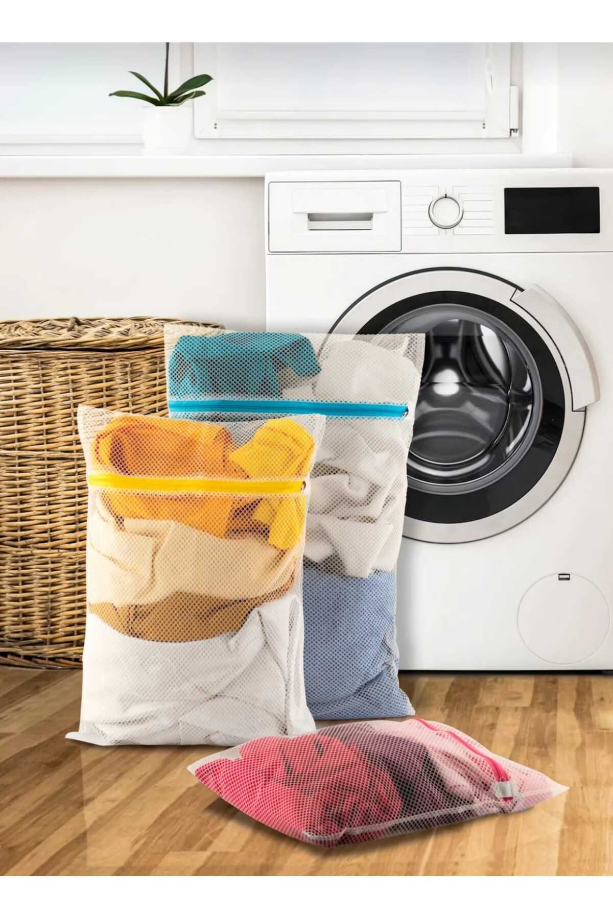 Vi Caro 3 Adet Farklı Boy (Büyük 40*60cm Orta 35*50cm Küçük 30*40cm) Çamaşır Yıkama Filesi Renkli Fermuarlı