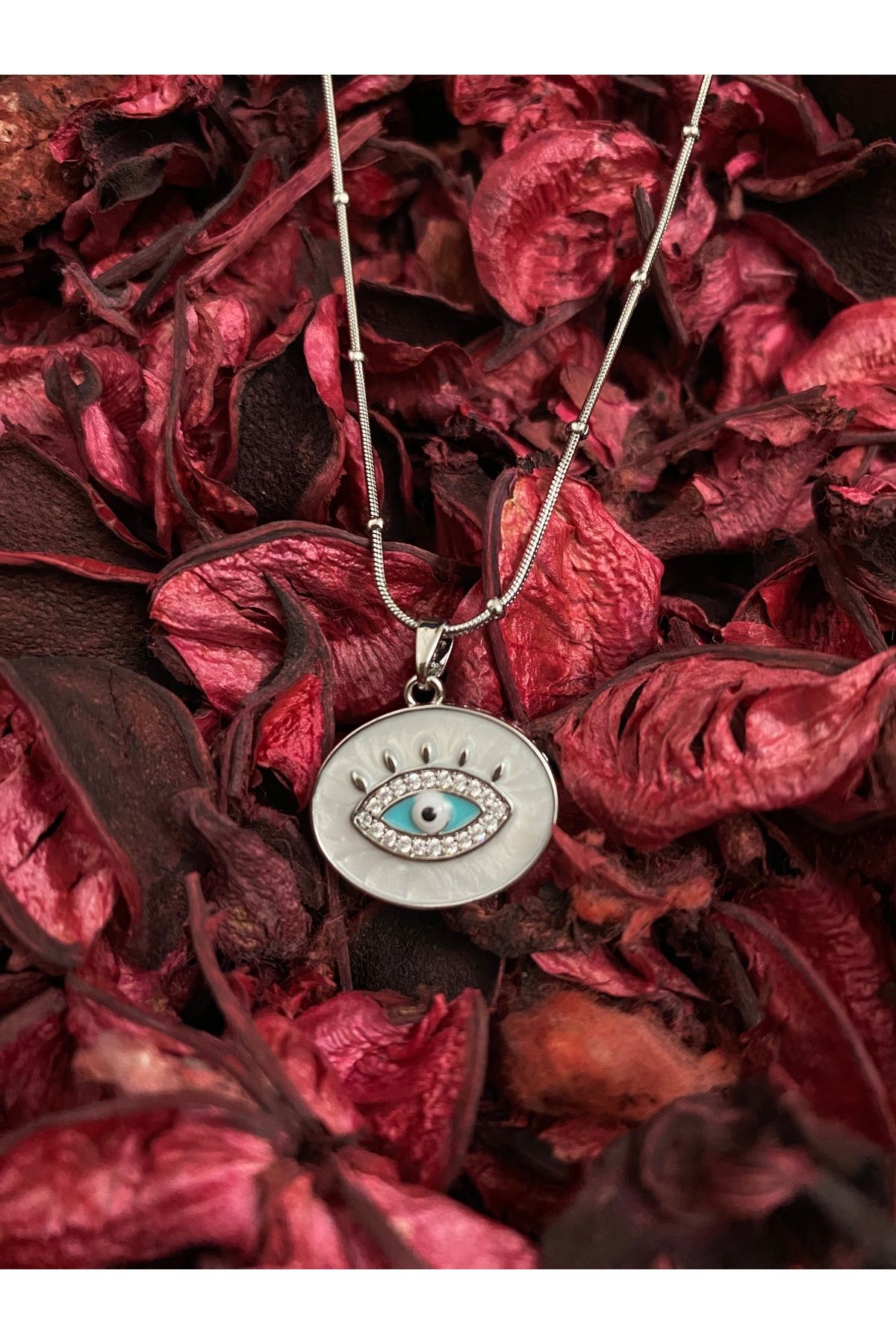 asem jewelry GÖZ MOTİFİ ZİRKON TAŞLI NAZAR BONCUKLU ÇELİK KOLYE