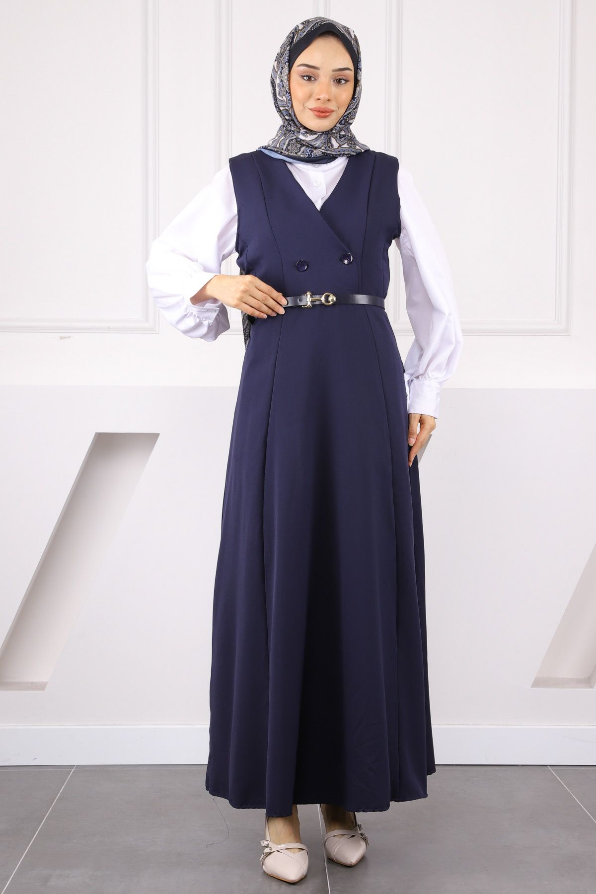 İmajButik Lacivert Önü Düğmeli Kemerli Jile Elbise