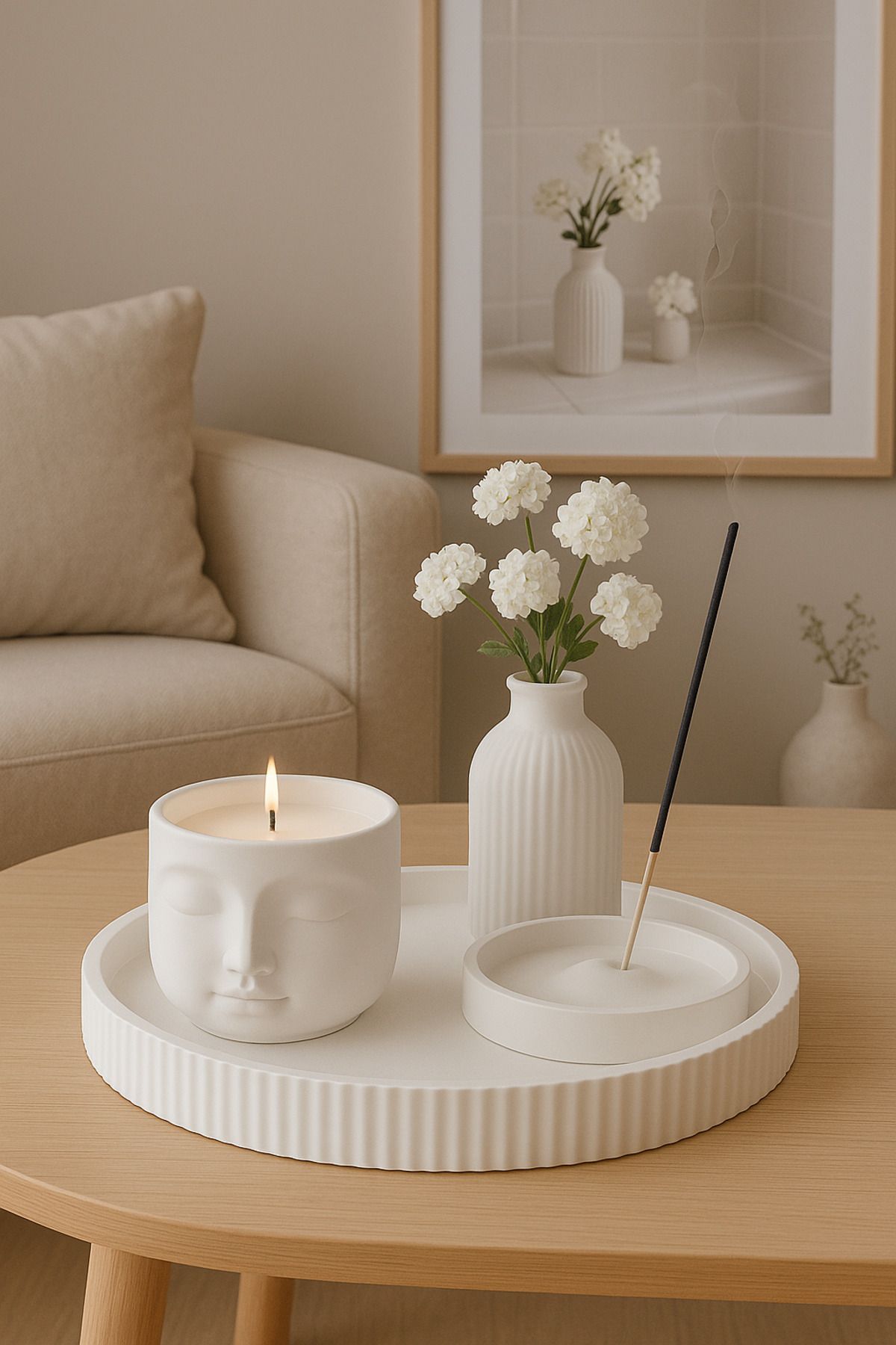 Arteliss Bohem İskandinav Tarz Tepsi Üzeri 4’lü Set | Minimal Modern Buda Mum, Mini Vazo, Tütsü Tutucu