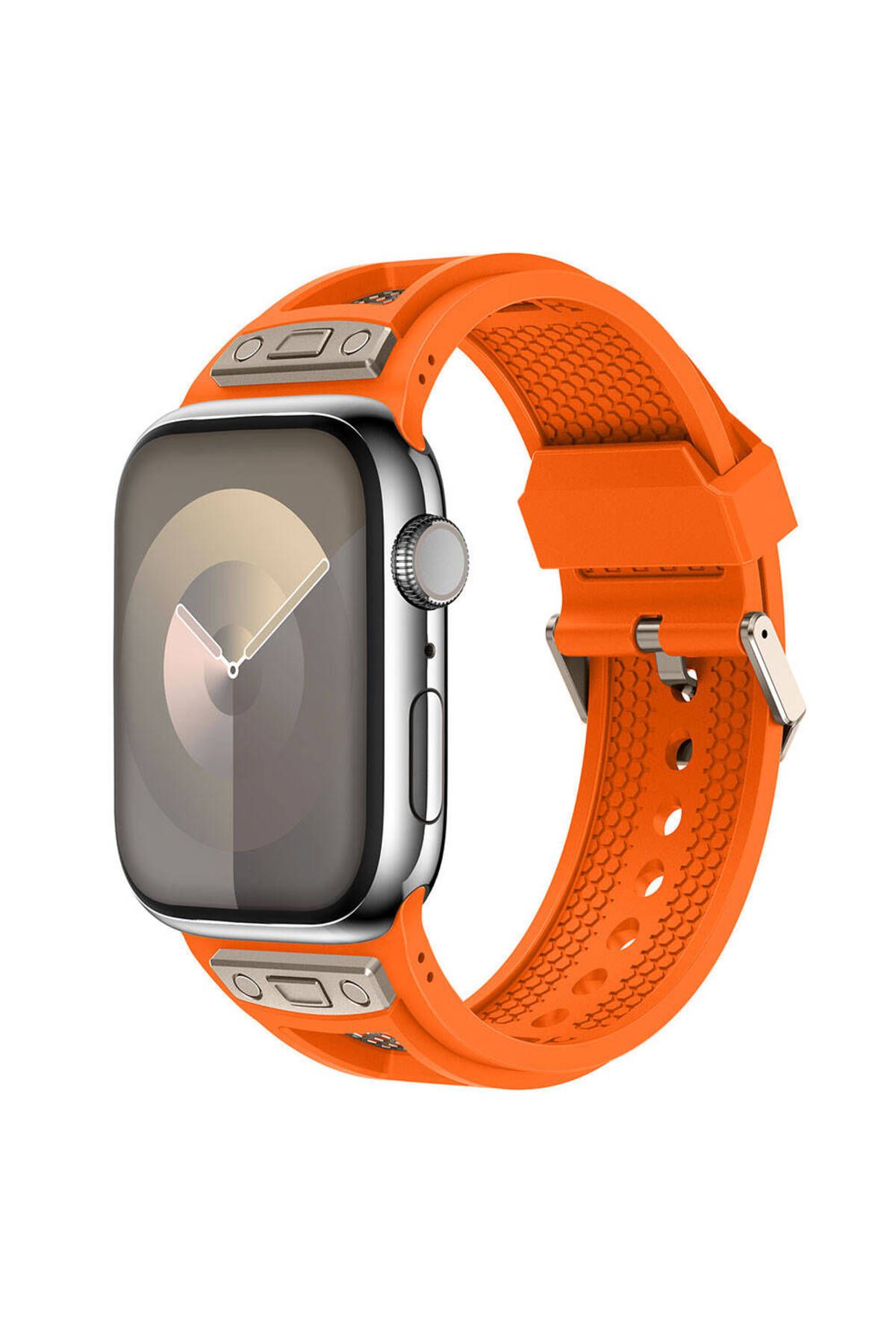 Kılıfist Apple Watch 44mm KLFS KRD-117 Hava Alabilen Delikli Metal Süslemeli Desenli Silikon Kordon-Titanyum-