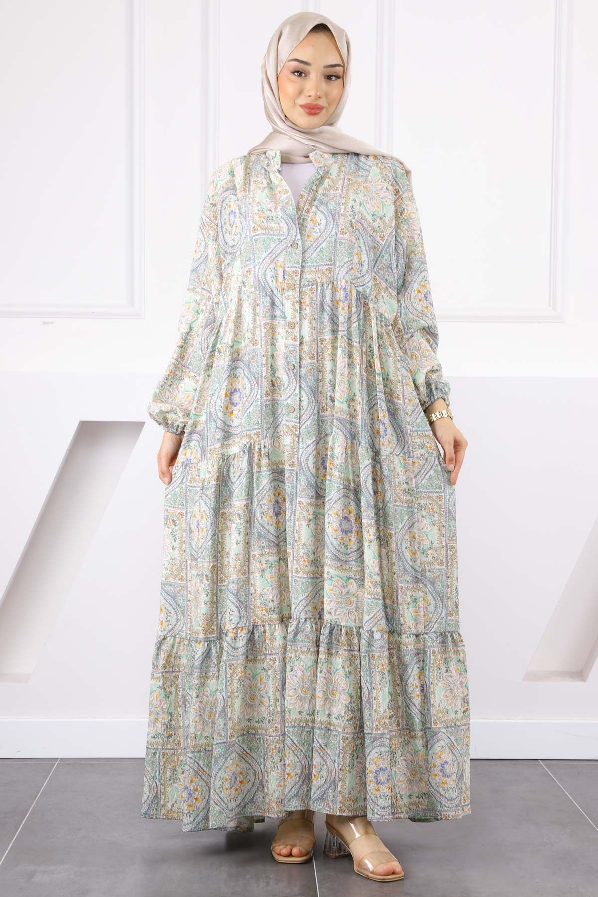 İmajButik Mint Yeşili Yarım Düğmeli Eteği Katlı Elbise
