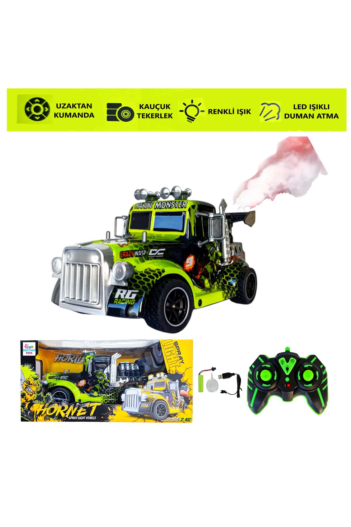 Brother Toys Duman Atan Uzaktan Kumandalı Şarjlı Full Fonksiyon Canavar Tır Renkli Buhar Püskürten 26 Cm.