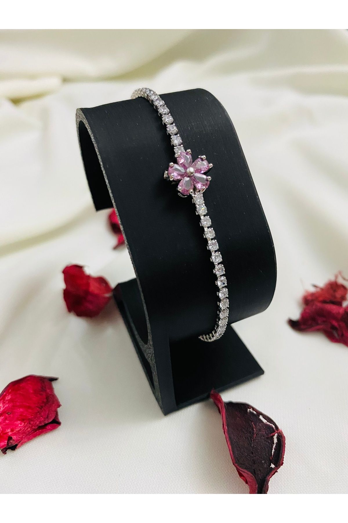 asem jewelry PEMBE ÇİÇEKLİ ZİRKON TAŞLI SU YOLU ÇELİK BİLEKLİK