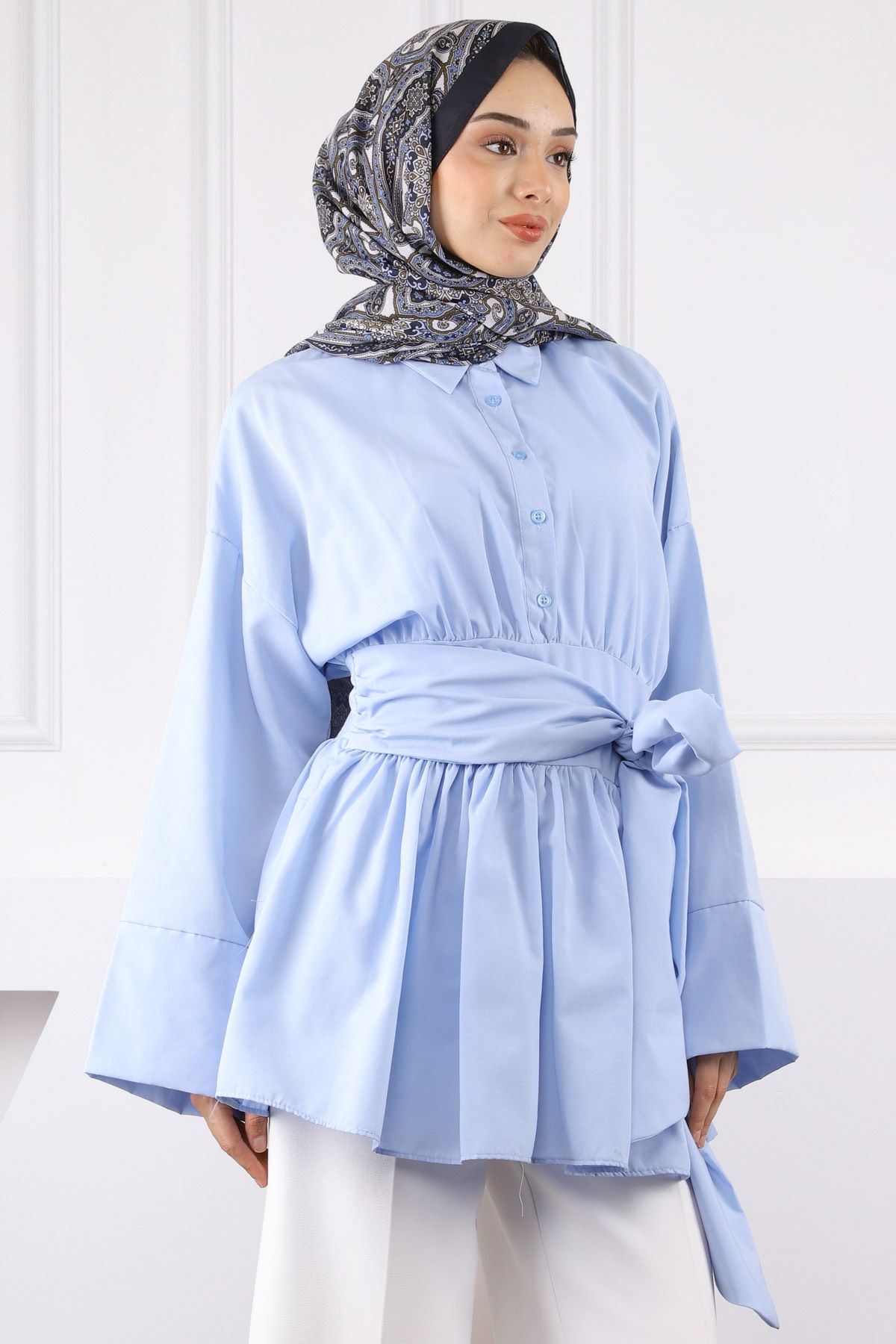 İmajButik Mavi Bel Bağlamalı Tunik