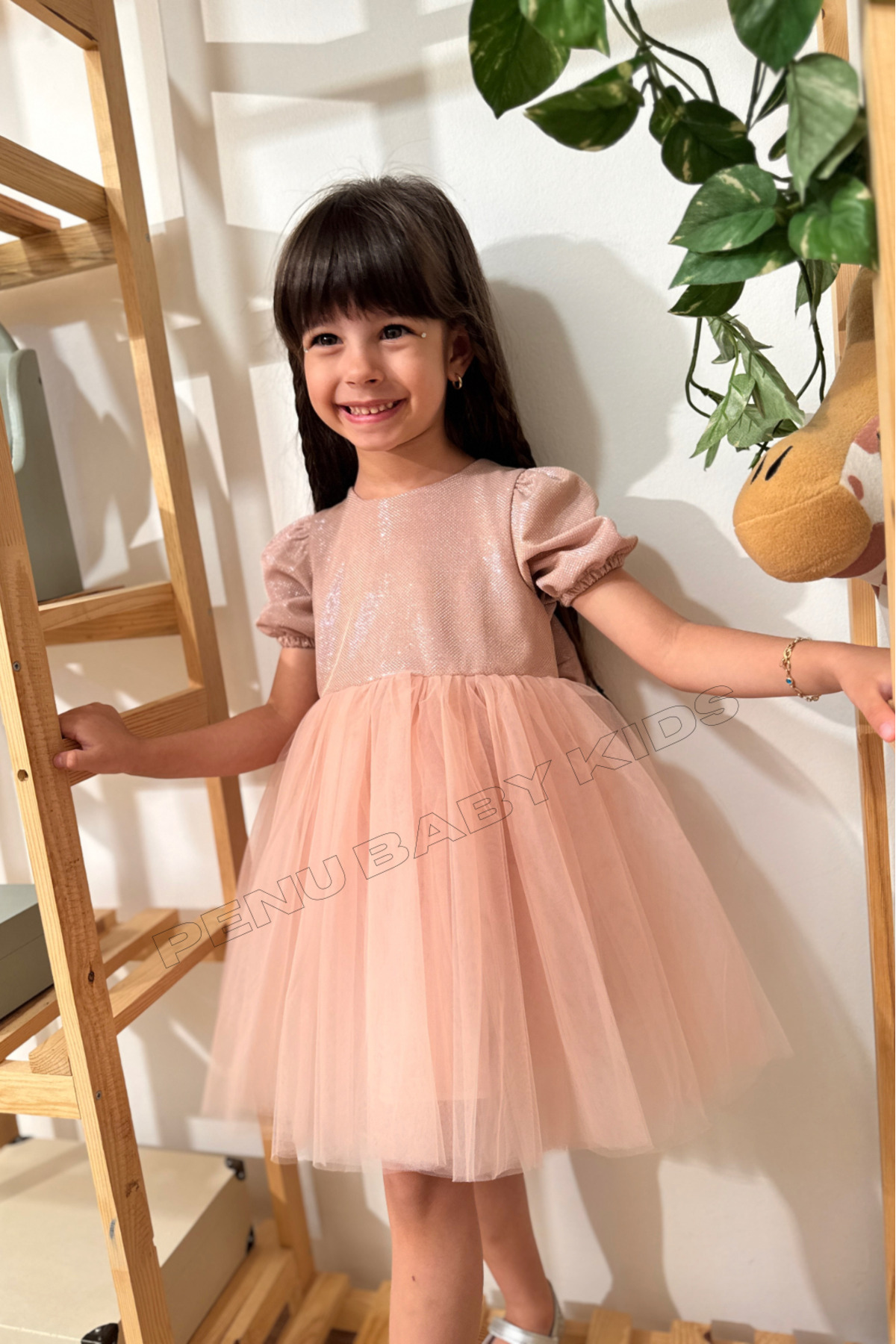 penu baby kids Pudra Kısa Balon Kumaş Kol Detaylı Altı Tütülü Kız Bebek Elbise fotoğrafı 5 (önizleme)