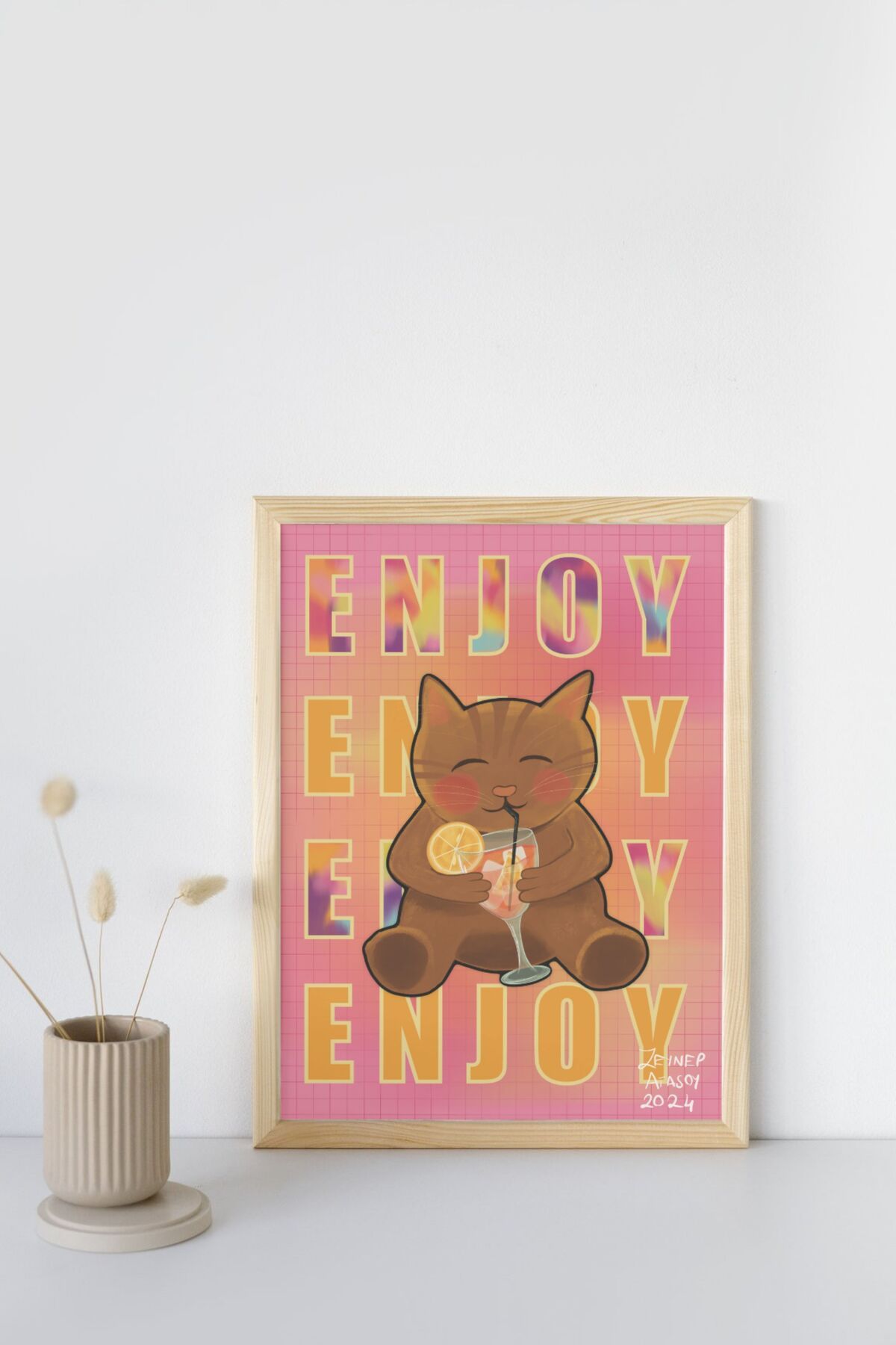 ZeynebinResimleri Enjoy Kedi Posteri, Eğlenceli Dijital İllüstrasyon, A4 Boyut Poster, Çerçevesiz