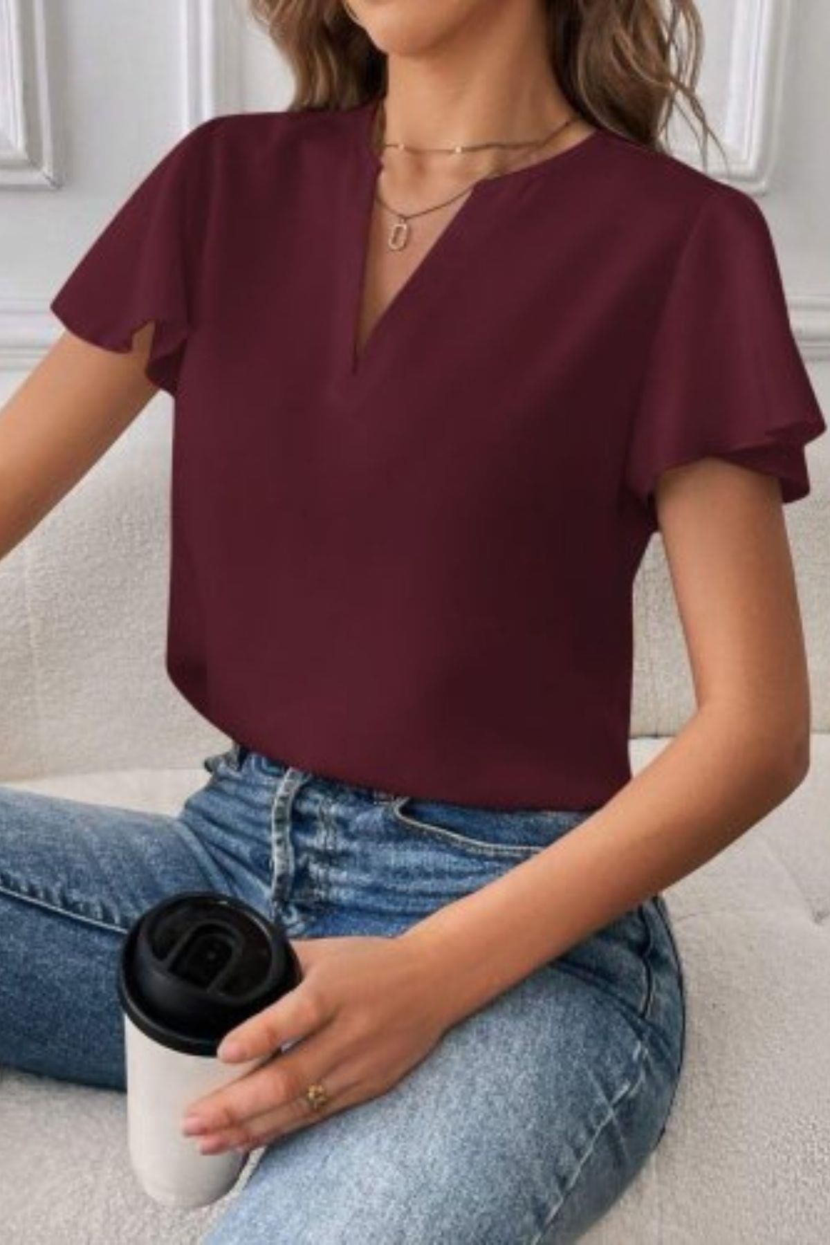 Mossta Yaka Detaylı Geniş Kol Sandy Bluz - Bordo