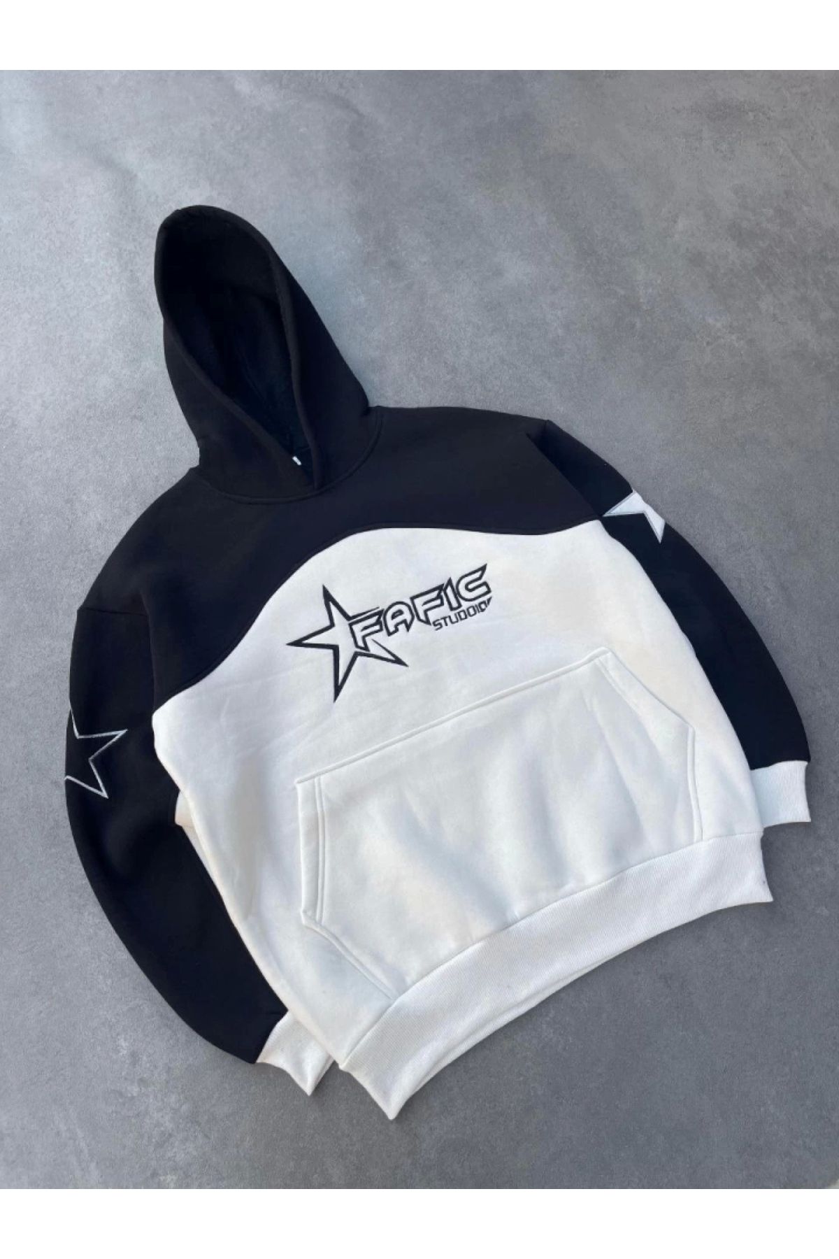 POLEXP Siyah Parçalı Nakış İşlemeli Kapşonlu Sweatshirt