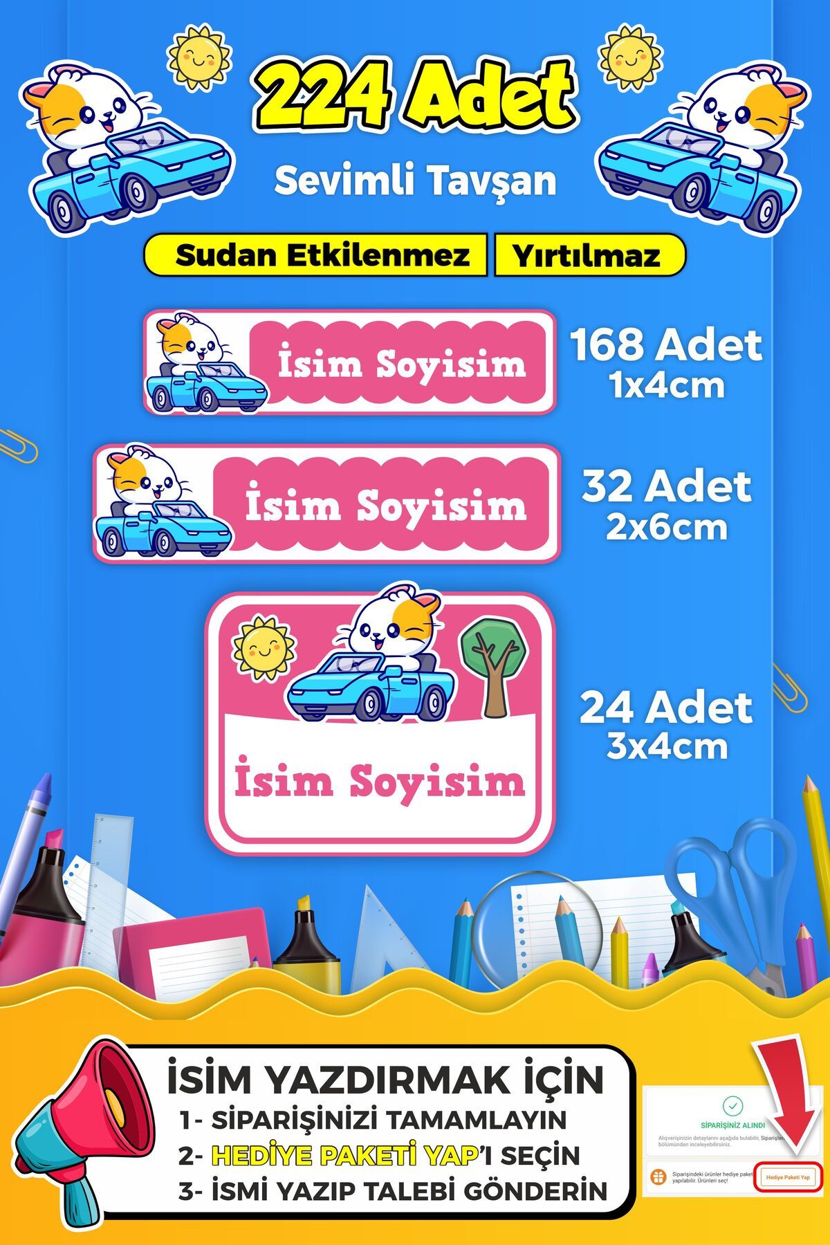 SB store Sevimli Yarışçı Temalı Okul Kreş Kişiye Özel İsim Etiket Seti - Model 274