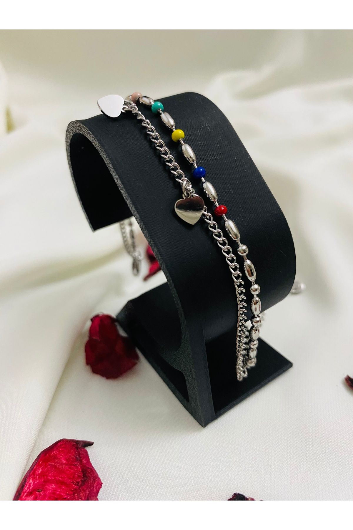 asem jewelry KALPLİ RENKLİ BONCUKLU ÇİFT ZİNCİR ÇELİK BİLEKLİK