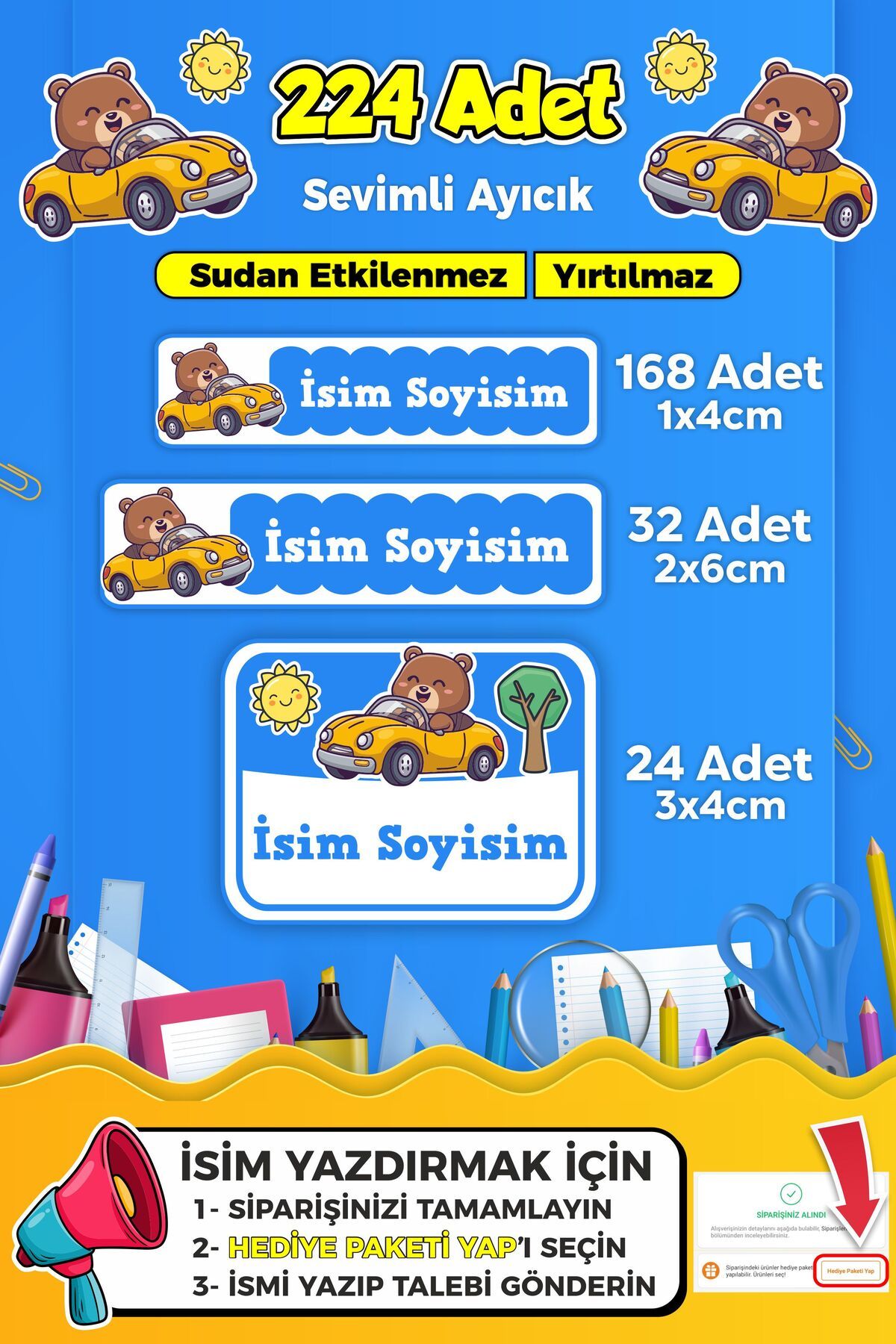 SB store Sevimli Yarışçı Temalı Okul Kreş Kişiye Özel İsim Etiket Seti - Model 271