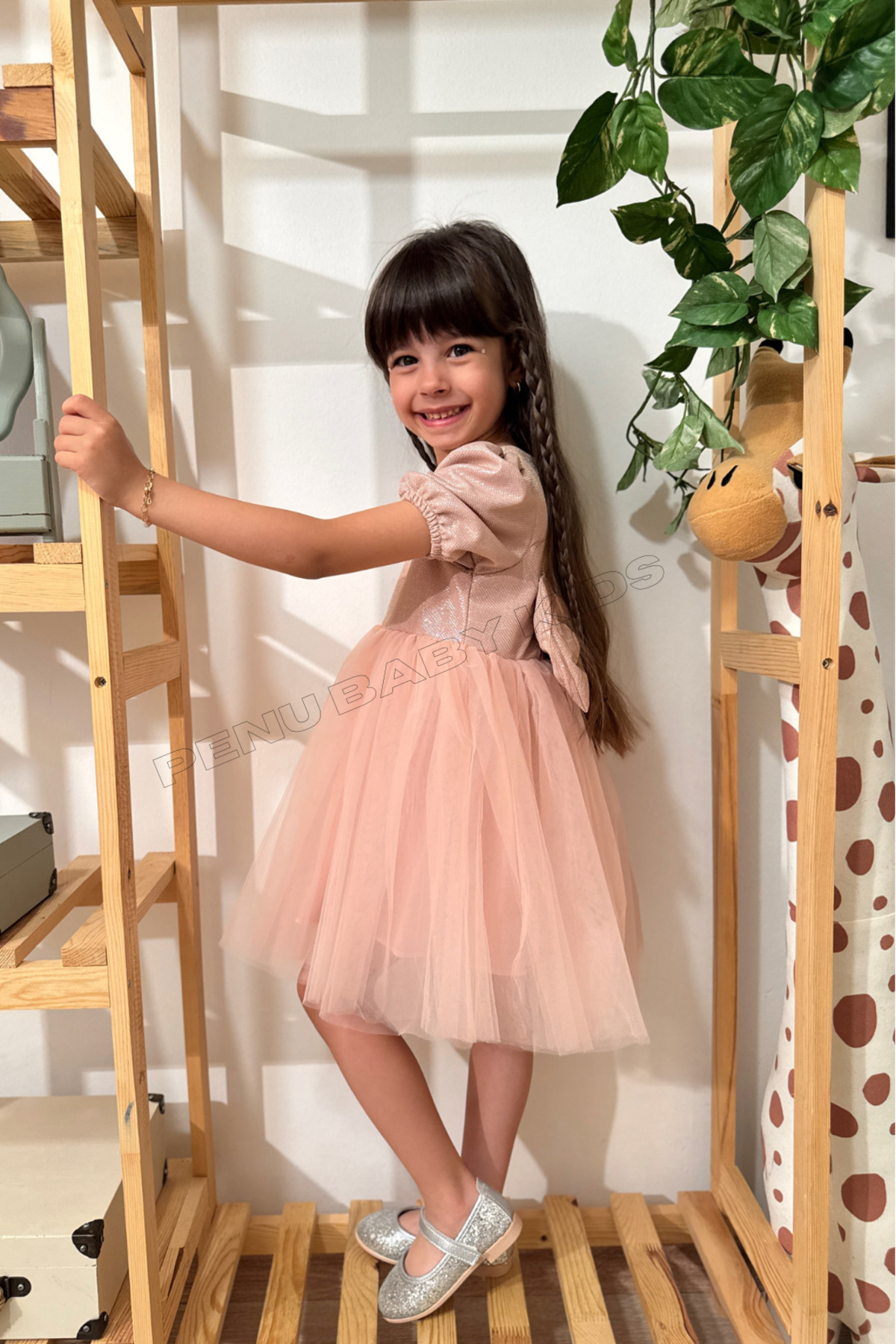 penu baby kids Pudra Kısa Balon Kumaş Kol Detaylı Altı Tütülü Kız Bebek Elbise fotoğrafı 4 (önizleme)