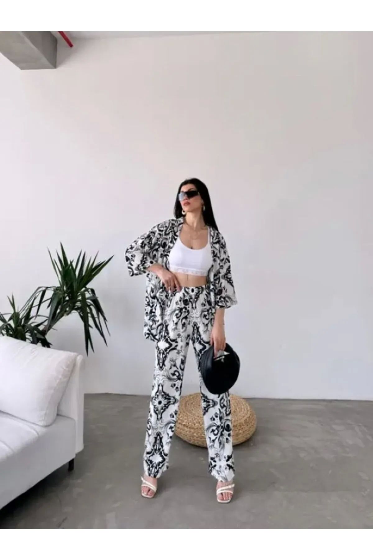 POLEXP Etnik Desenli Rahat Kimono ve Pantolon Takımı