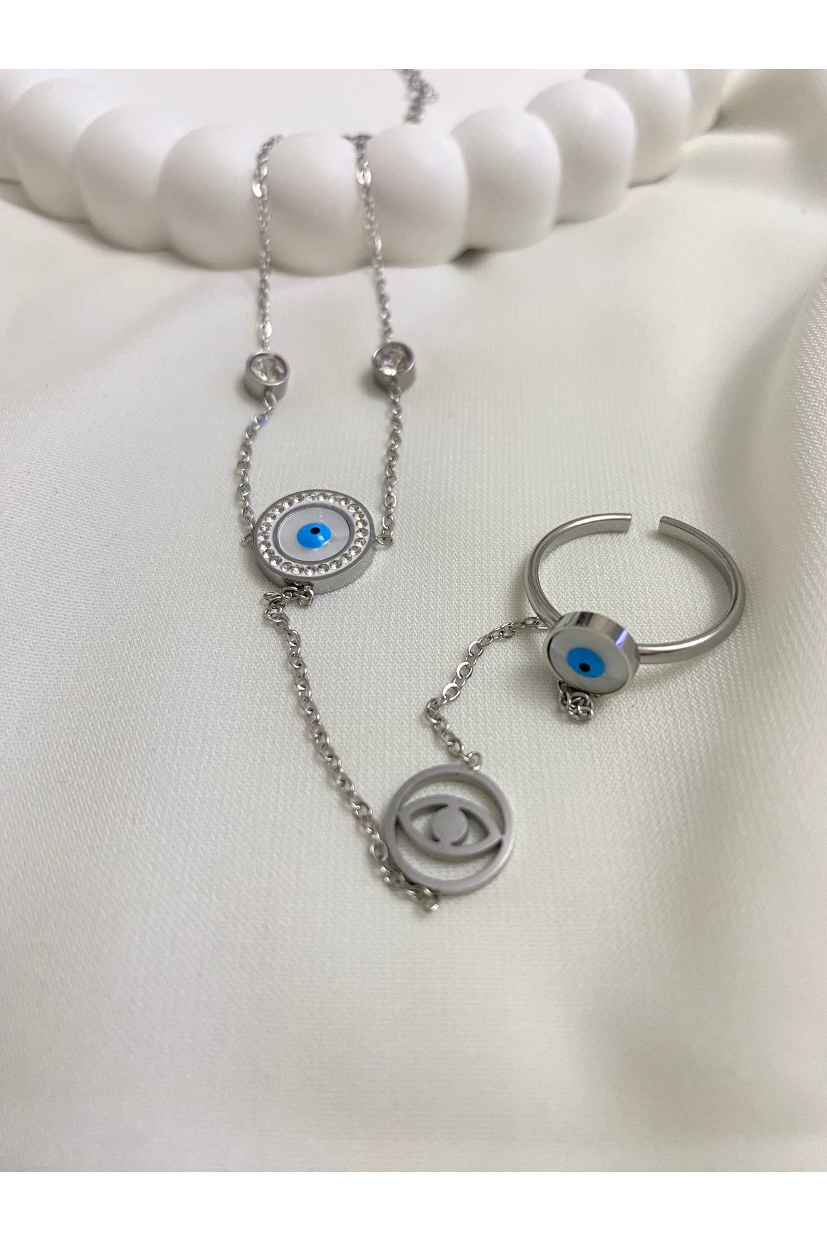 asem jewelry NAZAR BONCUKLU ZİRKON TAŞLI GÜMÜŞ RENK ŞAHMERAN