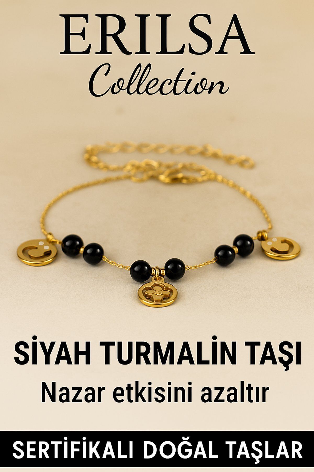 Erilsa Sertifikalı Siyah Turmalin Taşlı Charm Bileklik – Nazar Enerjisini Azaltır, Koruma Sağlar