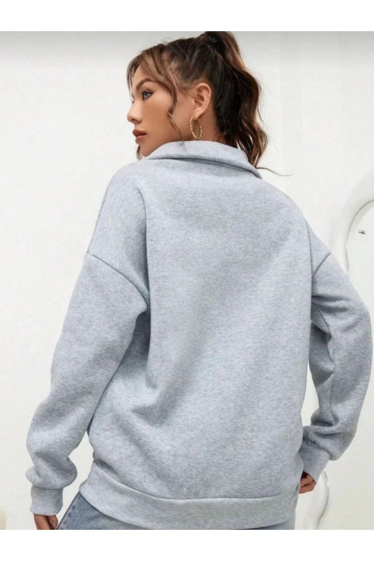 POLEXP Klasik Tarzda Gri Basic Sweatshirt