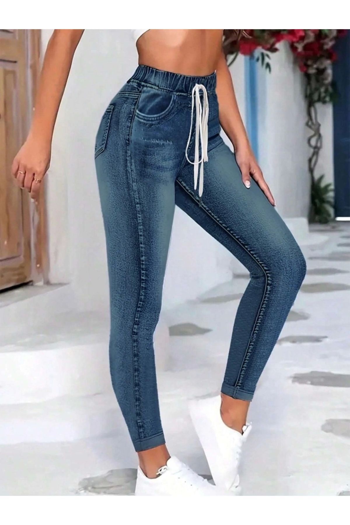 POLEXP Yüksek Bel Kot Pantolon - Belden Bağlamalı ve Cepli Stil