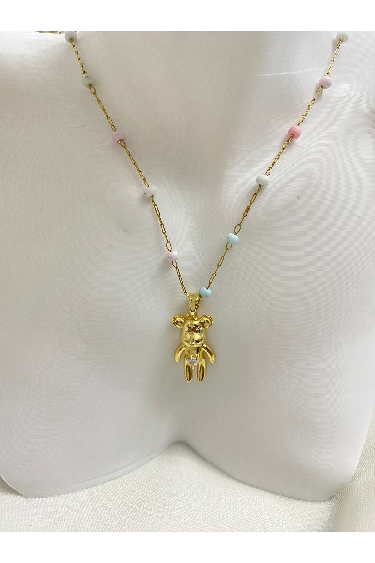 asem jewelry AYICIK FİGÜRLÜ RENKLİ BONCUKLU ÇELİK KOLYE
