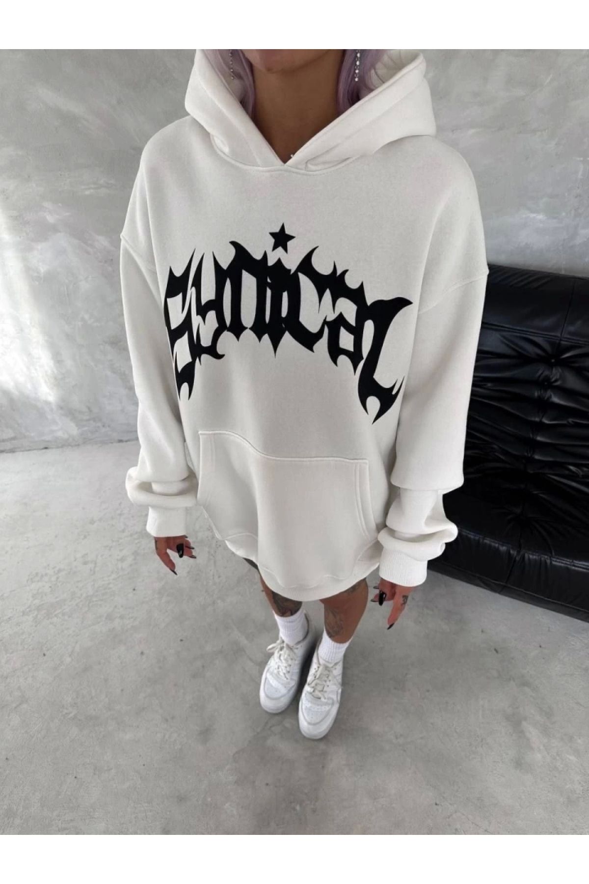POLEXP Yumuşak Pamuklu Baskılı Kapşonlu Sweatshirt - Beyaz