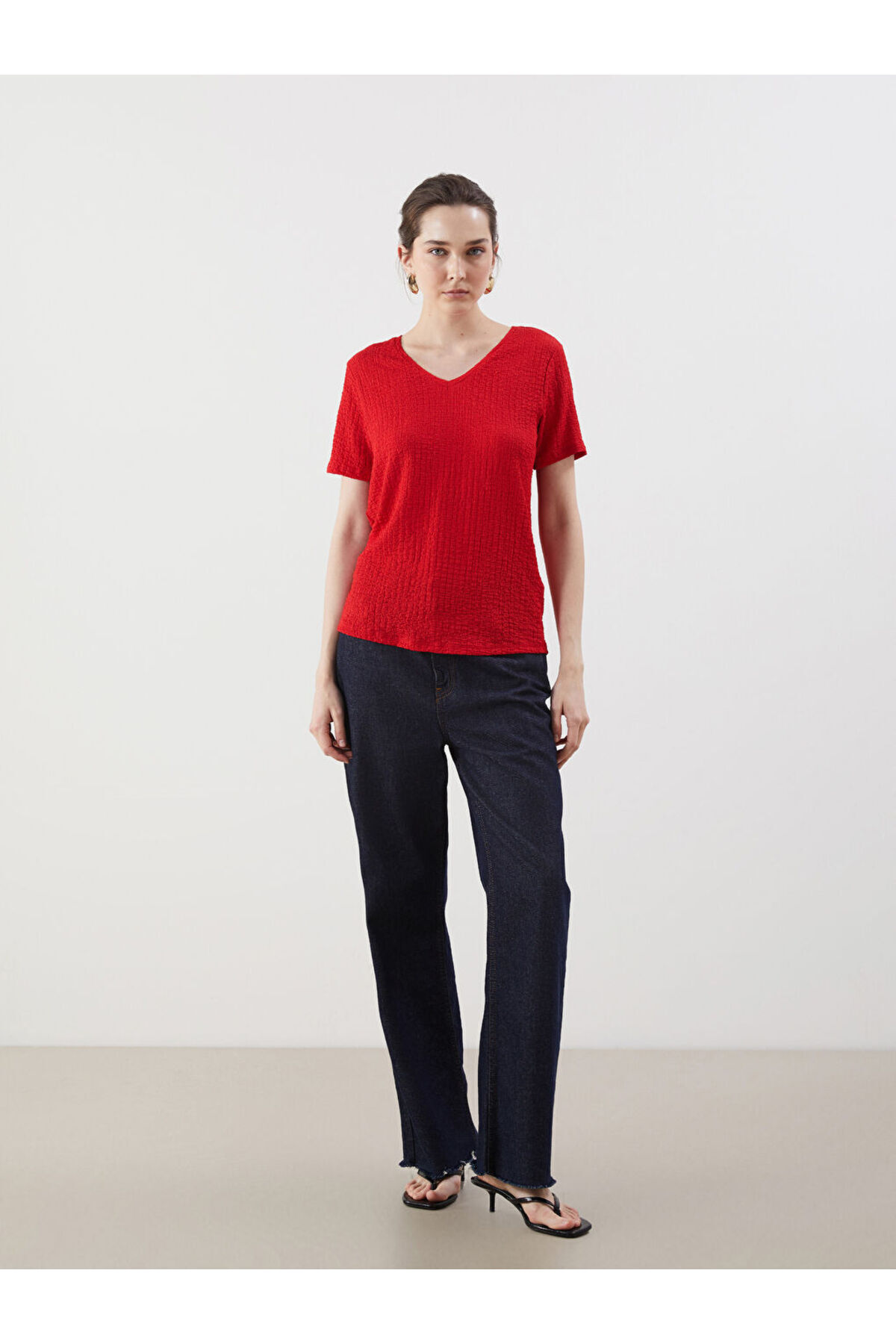 LC Waikiki-New Season V-Neck Textured Women's T-Shirt - S5Fp60Z8 2